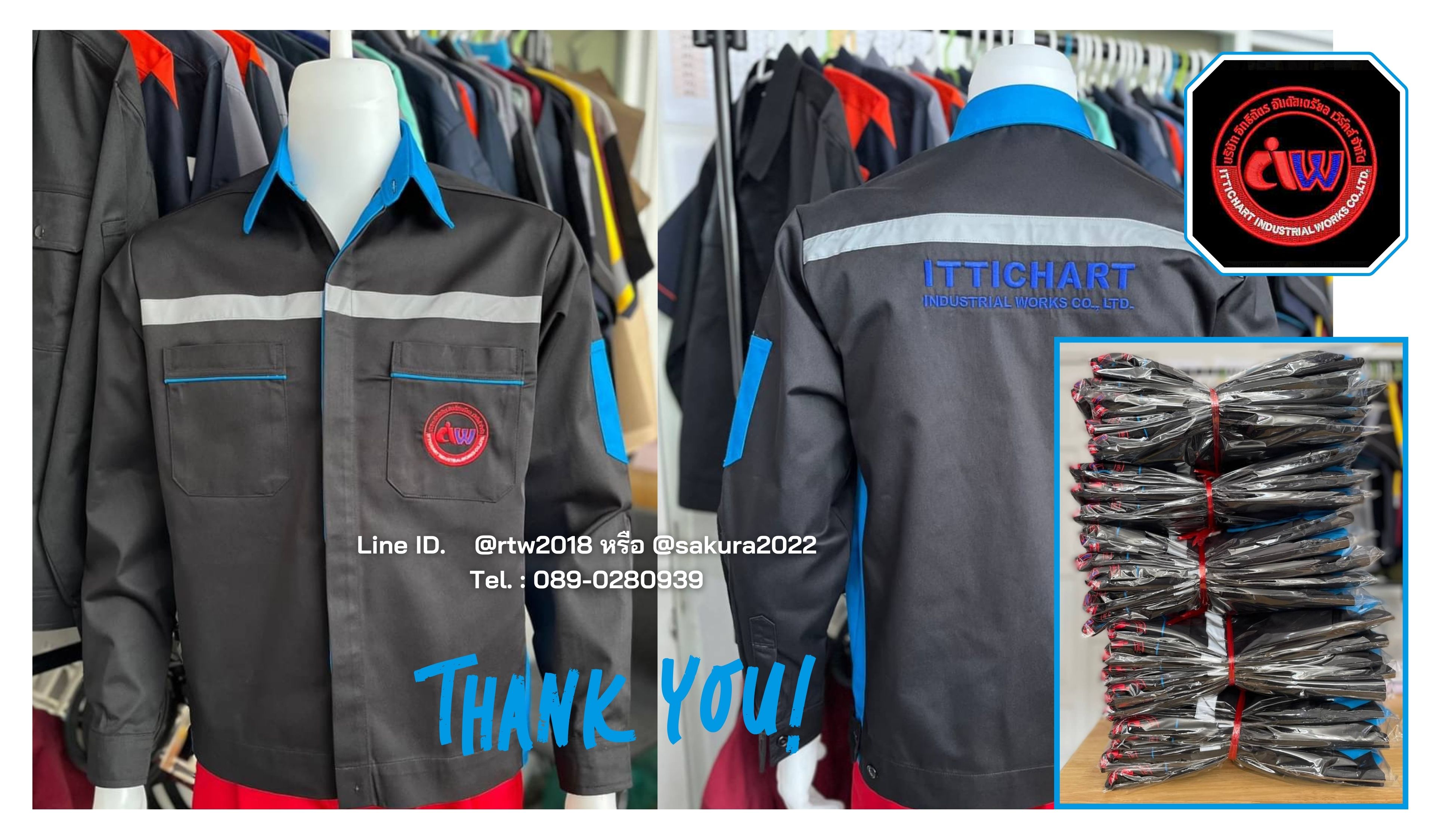 รหัส AB11.2 : เสื้อช่างแขนยาวผ้าคอมทวิวสีดำข้างฟ้า (ซ่อนสาบ)