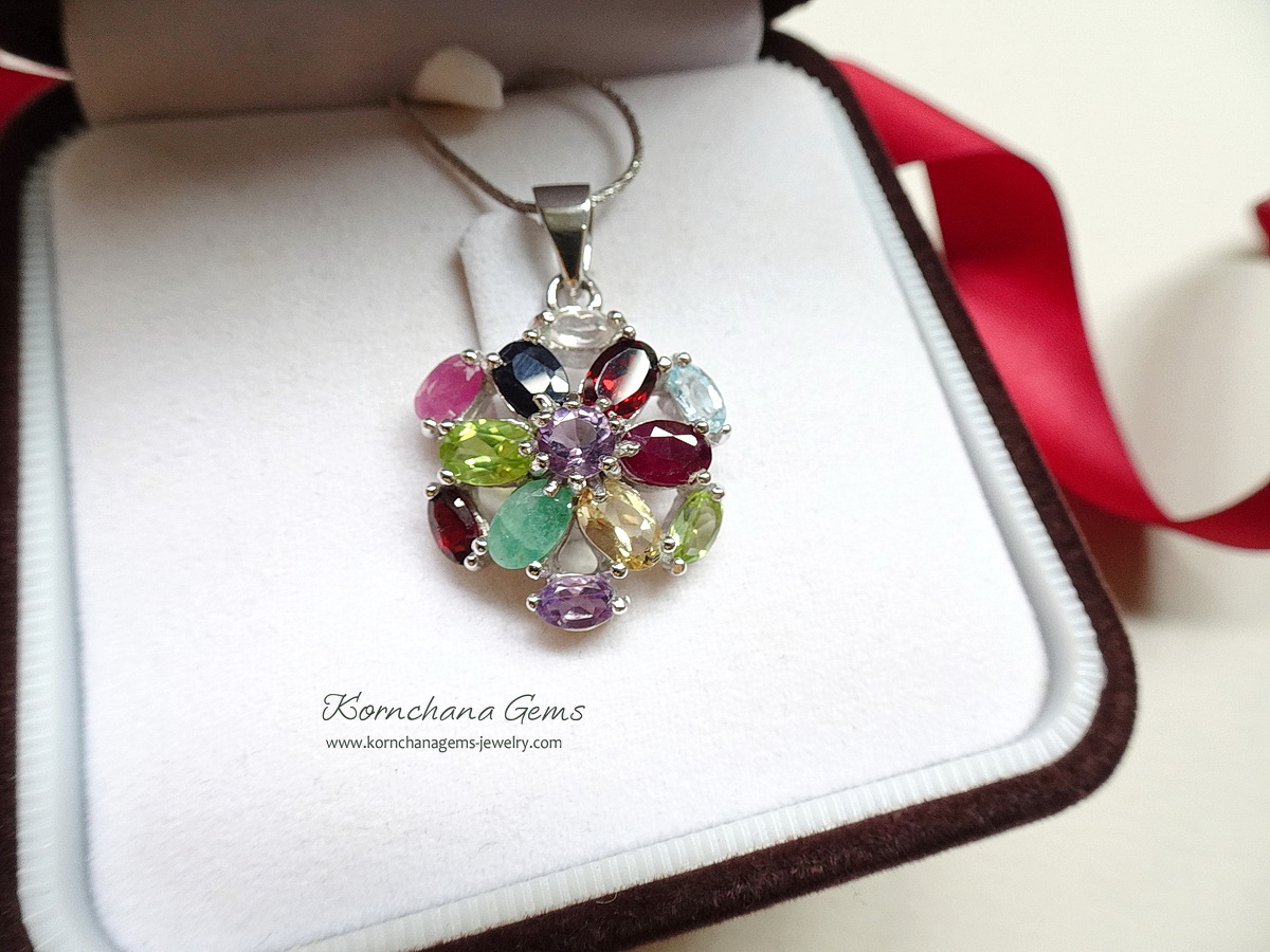 จี้พลอยแท้ multicolor gems pendant จี้พลอยนำโชค จี้พลอย 9 สี ทั้งแดงการ์เนท ชมพูทับทิม ม่วงอเมทิสท์ น้ำเงินไพลิน เขียวเพอริดอท