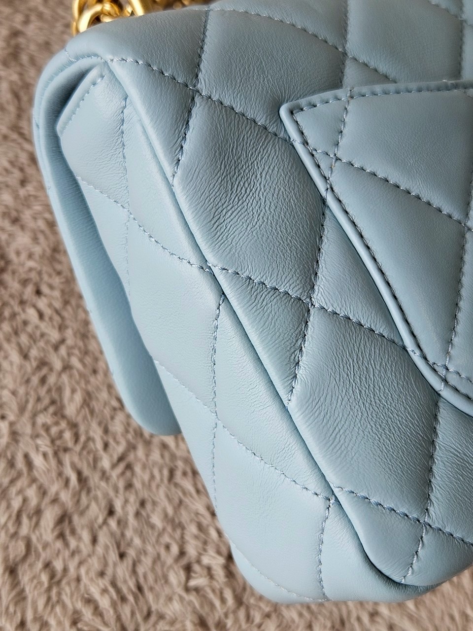 Chanel 22P Seasonal Mini Square Flap Bag Lambskin Light Blue And Enamel With Gold Hardware Metalplate