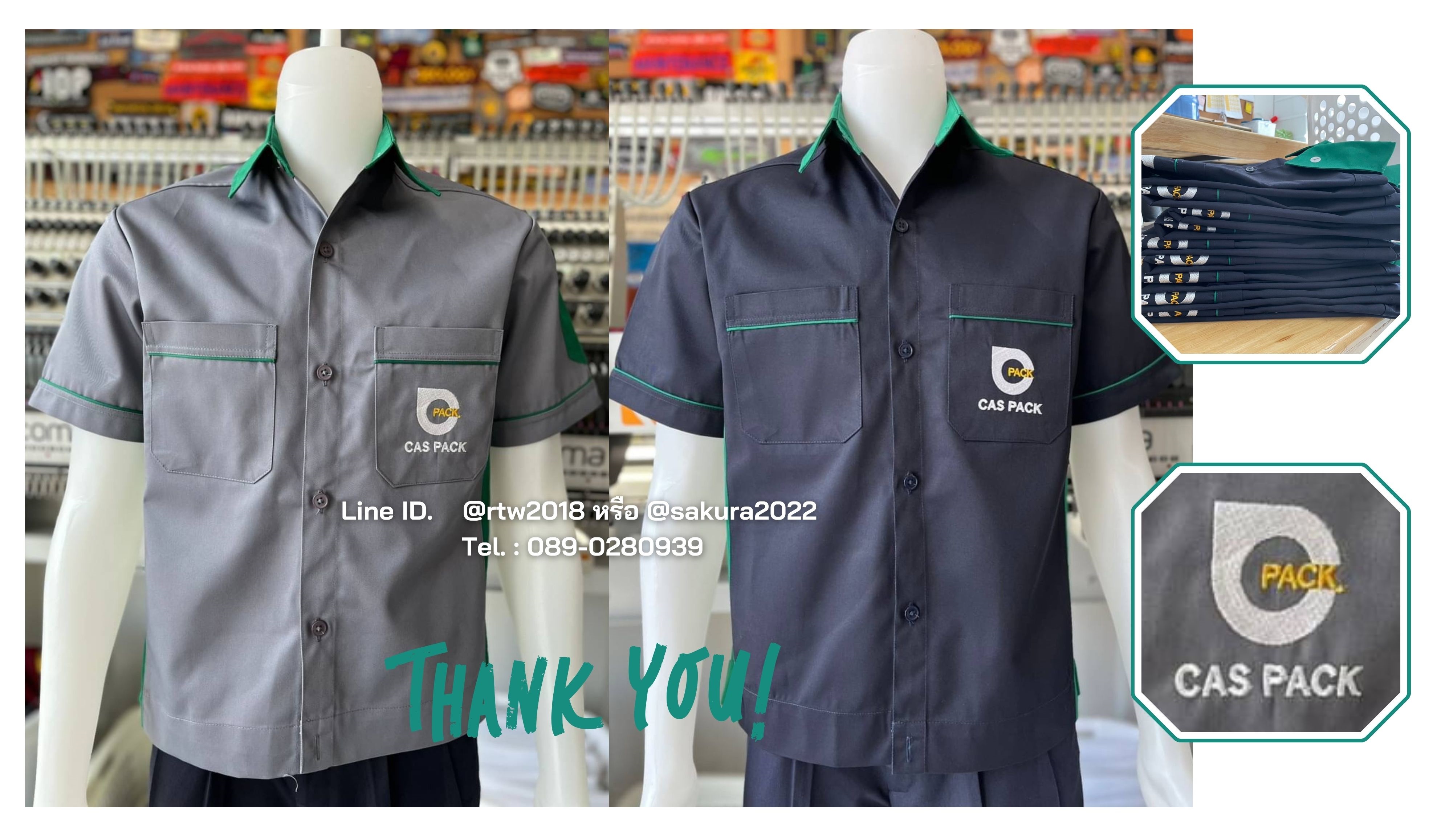รหัส A11.6 : เสื้อช่างแขนสั้นผ้าคอมทวิวสีเทาข้างเขียวเข้ม