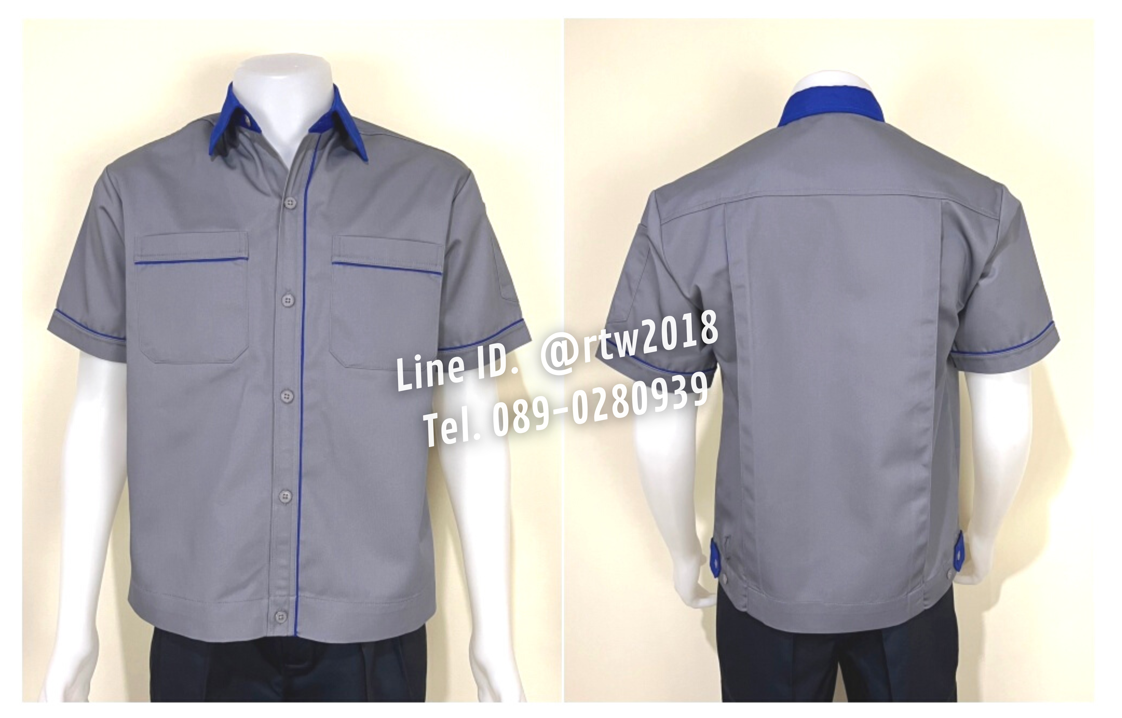 รหัส A5.4 : เสื้อช่างแขนสั้นผ้าคอมทวิวสีเทากุ้นน้ำเงิน