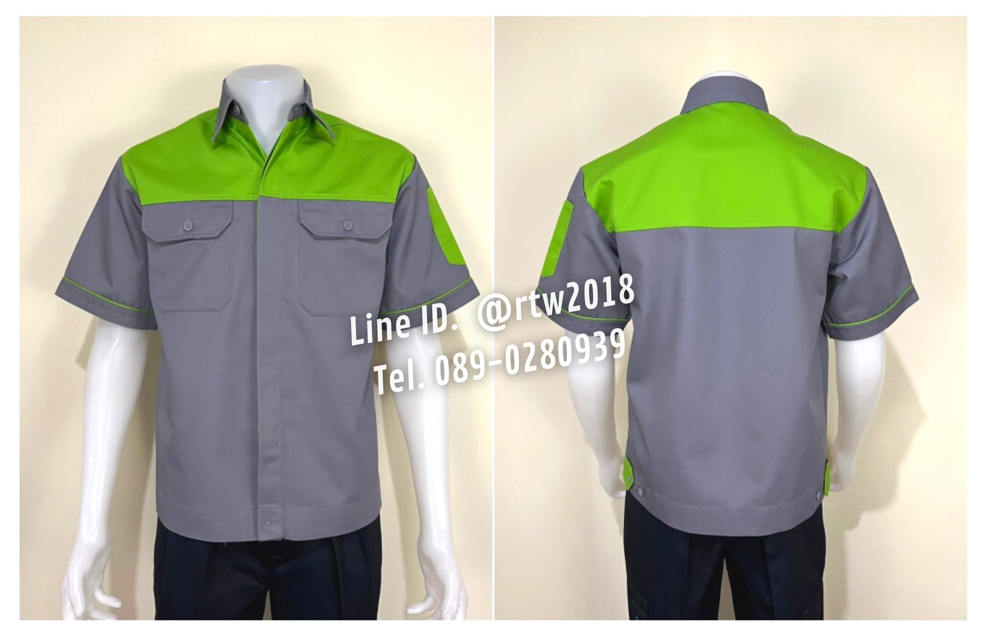 รหัส A8.5 : เสื้อช่างแขนสั้นผ้าคอมทวิวเทาอกเขียว (ซ่อนสาบ)