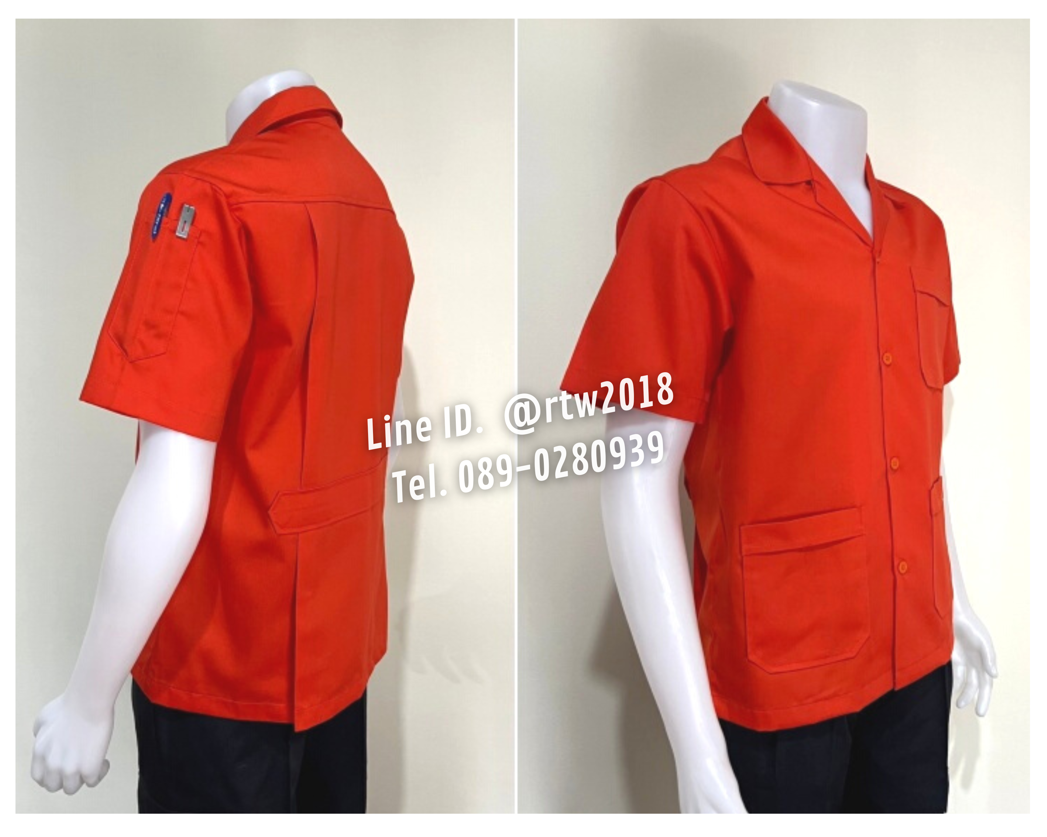 รหัส A1.6 : เสื้อช่างแขนสั้นผ้าคอมทวิวสามกระเป๋าสีส้มล้วน