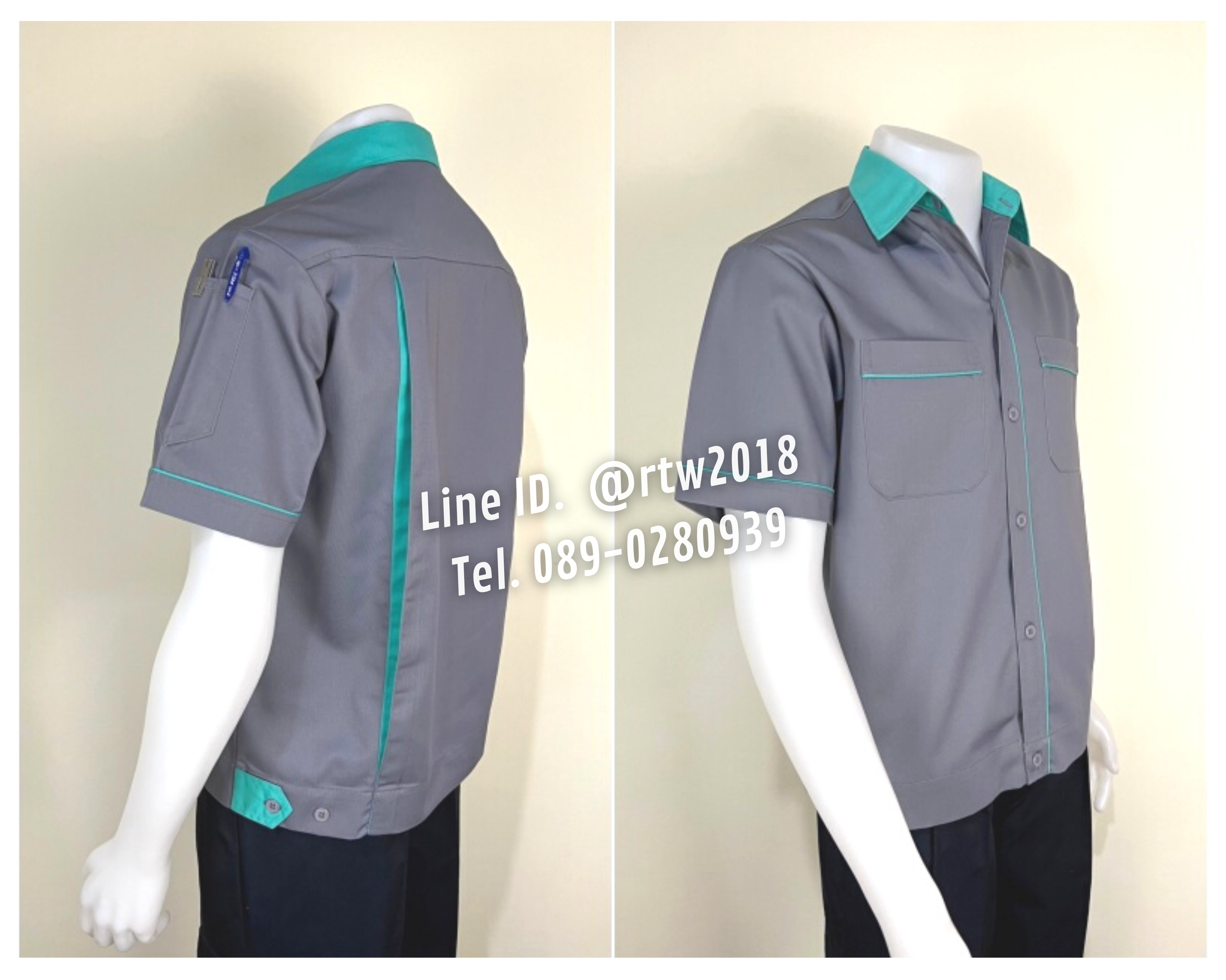 รหัส A5.8 : เสื้อช่างแขนสั้นผ้าคอมทวิวสีเทากุ้นเขียวมิ้น