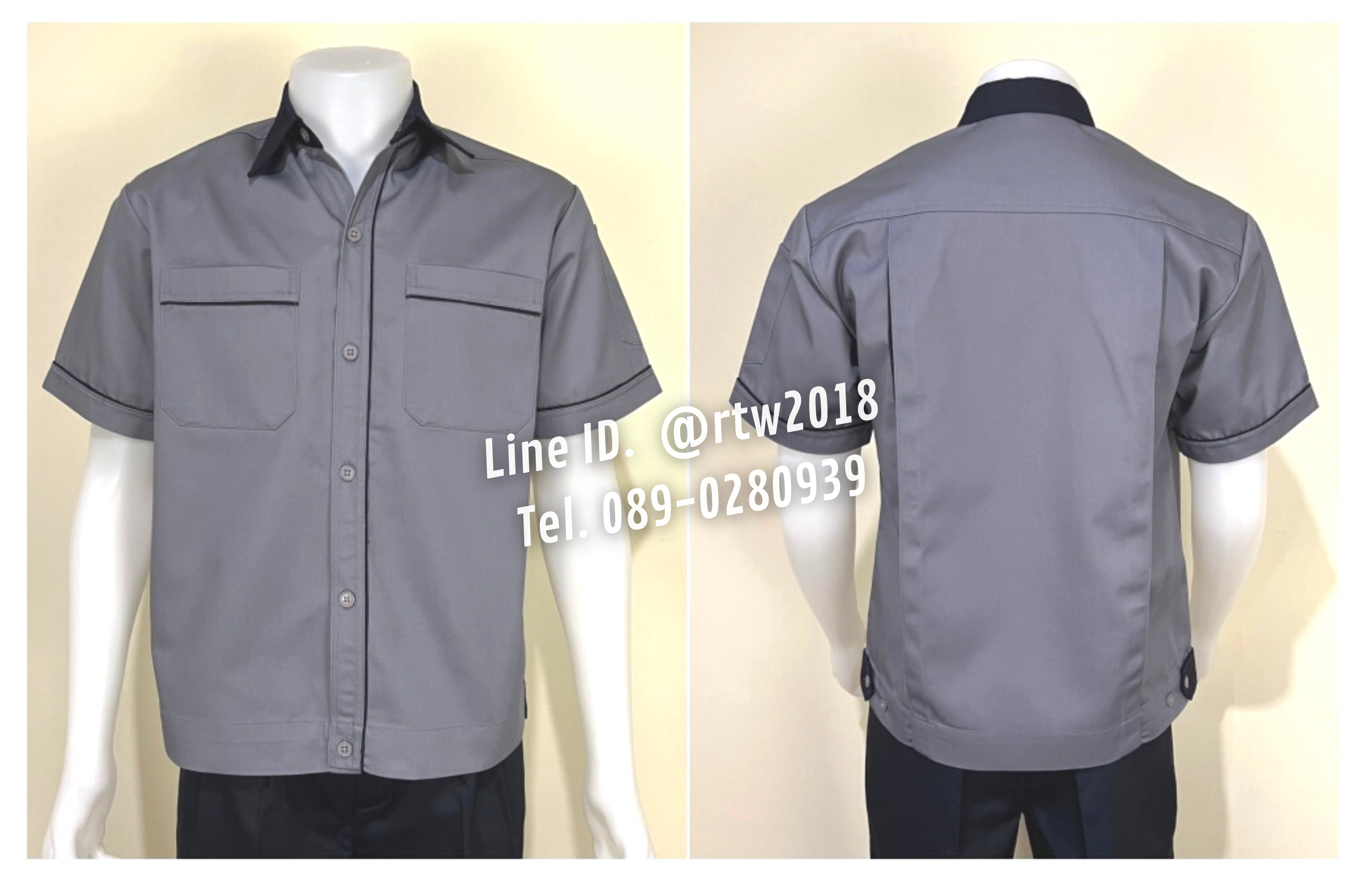 รหัส A5.5 : เสื้อช่างแขนสั้นผ้าคอมทวิวสีเทากุ้นกรมท่า