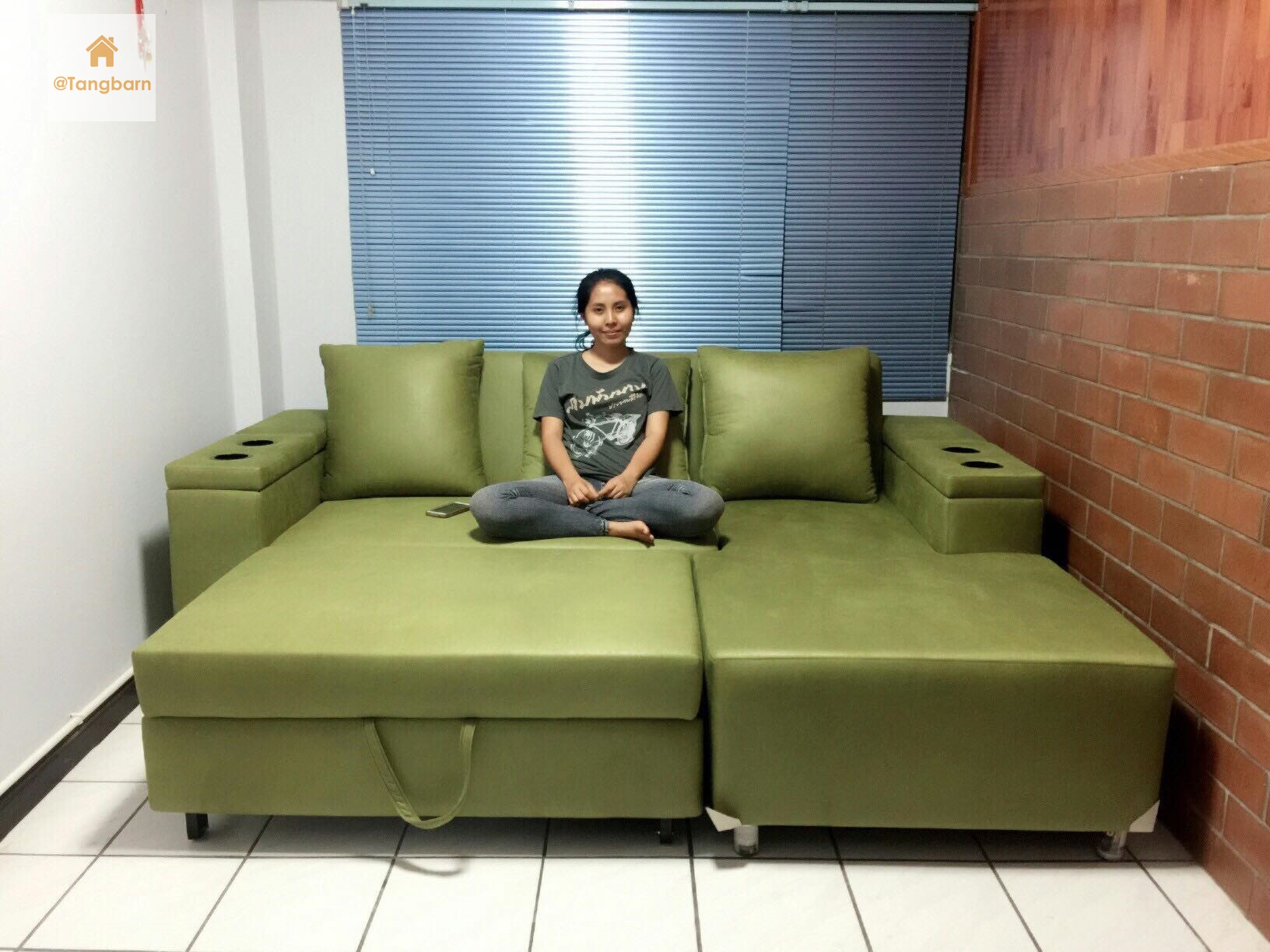โซฟาเบด 3 ที่นั่ง L Shape ดึงสไลด์ ปรับนอนได้ (ชามัวร์) เพิ่มฟังก์ชั่นแขนฝาเปิดเก็บของ ที่วางแก้ว