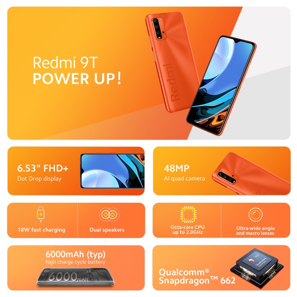 Xiaomi Redmi 9T (4+64GB) โทรศัพท์มือถือ สมาร์ทโฟน จอกว้าง6.53”FHD+ แบตใหญ่ 6000mAh Snapdragon™ 662 ประกันศูนย์
