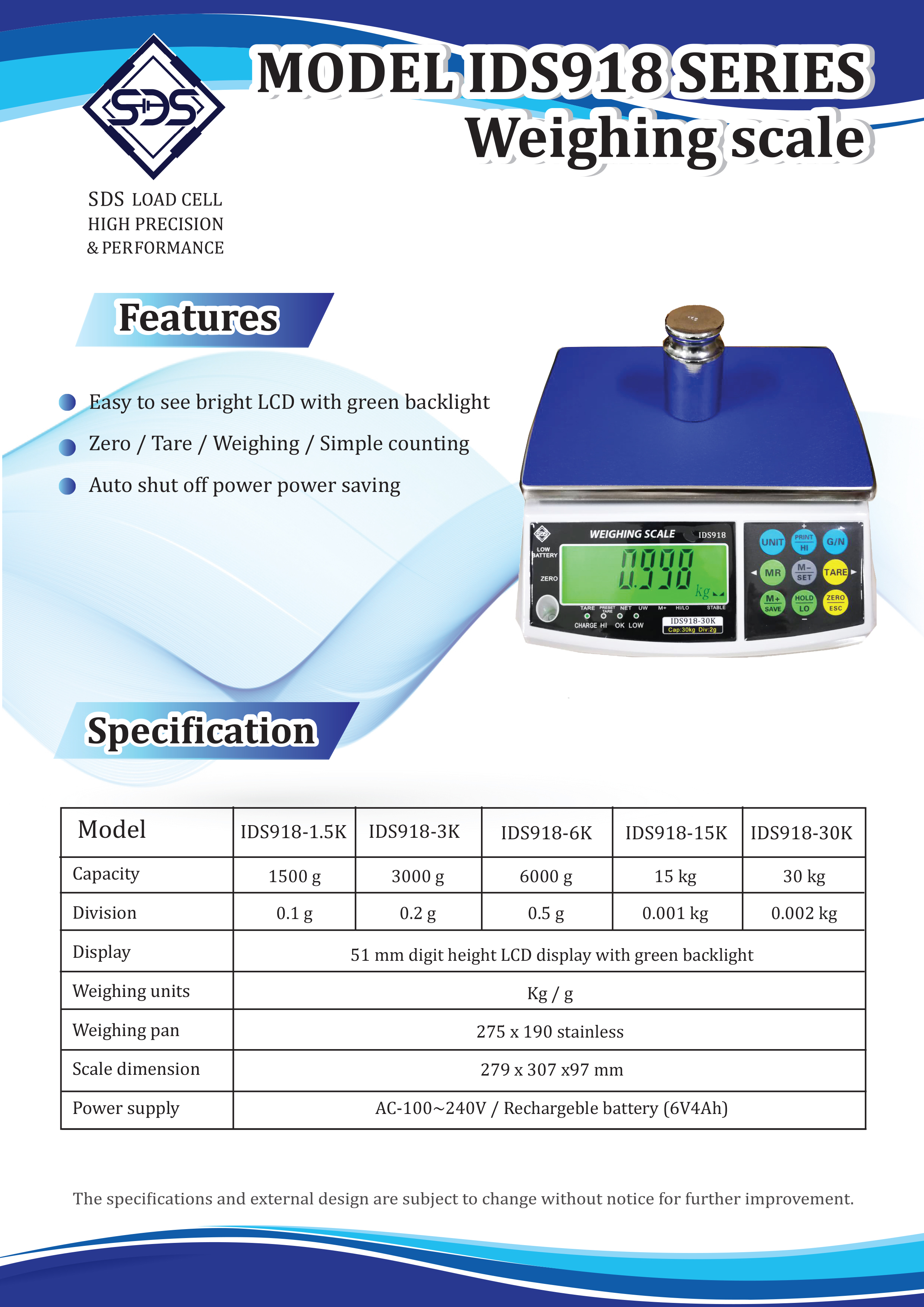SDS เครื่องชั่งดิจิตอลแบบตั้งโต๊ะ 6Kg IDS918-6K