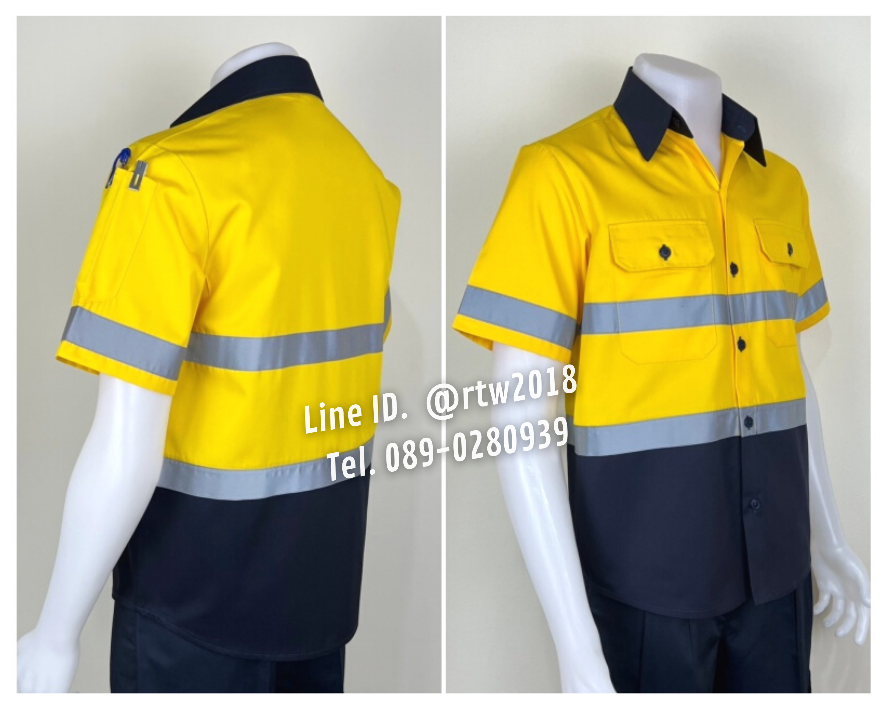 รหัส A36.1 : เสื้อช่างแขนสั้นผ้าคอมทวิว(กรมท่า/เหลือง) (ติดสะท้อนแสง) (รุ่น ลอนดอน)