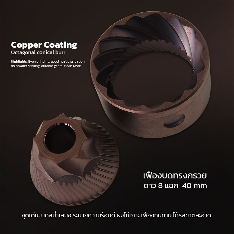 เครื่องบดกาแฟ APRESSO A1 PRO เฟืองบดคอปเปอร์ Ø40 มม. ปรับหยาบ–ละเอียด 19 ระดับ