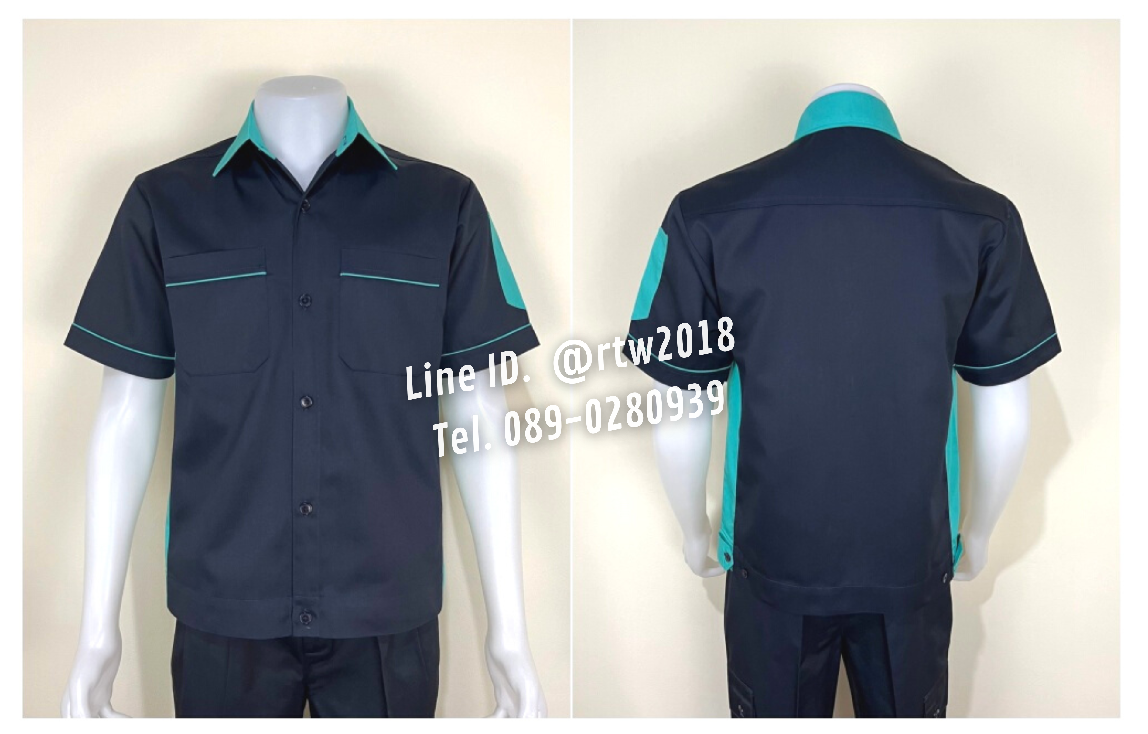 รหัส A12.7 : เสื้อช่างแขนสั้นผ้าคอมทวิวสีกรมท่าข้างเขียวมิ้น