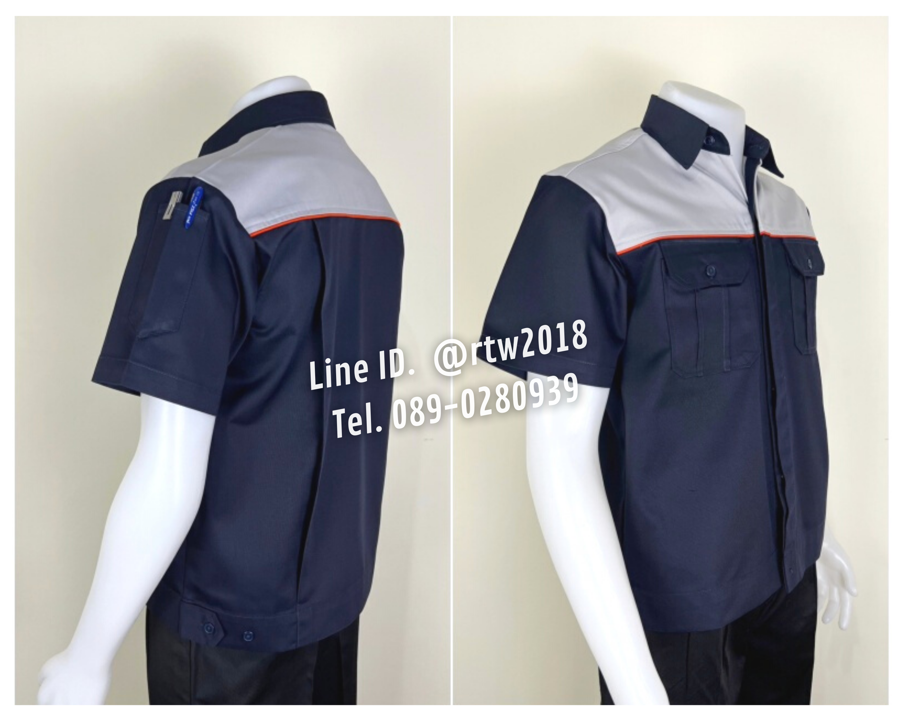 รหัส A21 : เสื้อช่างแขนสั้นผ้าคอมทวิวสีกรมท่าอกเทาอ่อนกุ้นส้ม (ซ่อนสาบ) (วอลโว่)