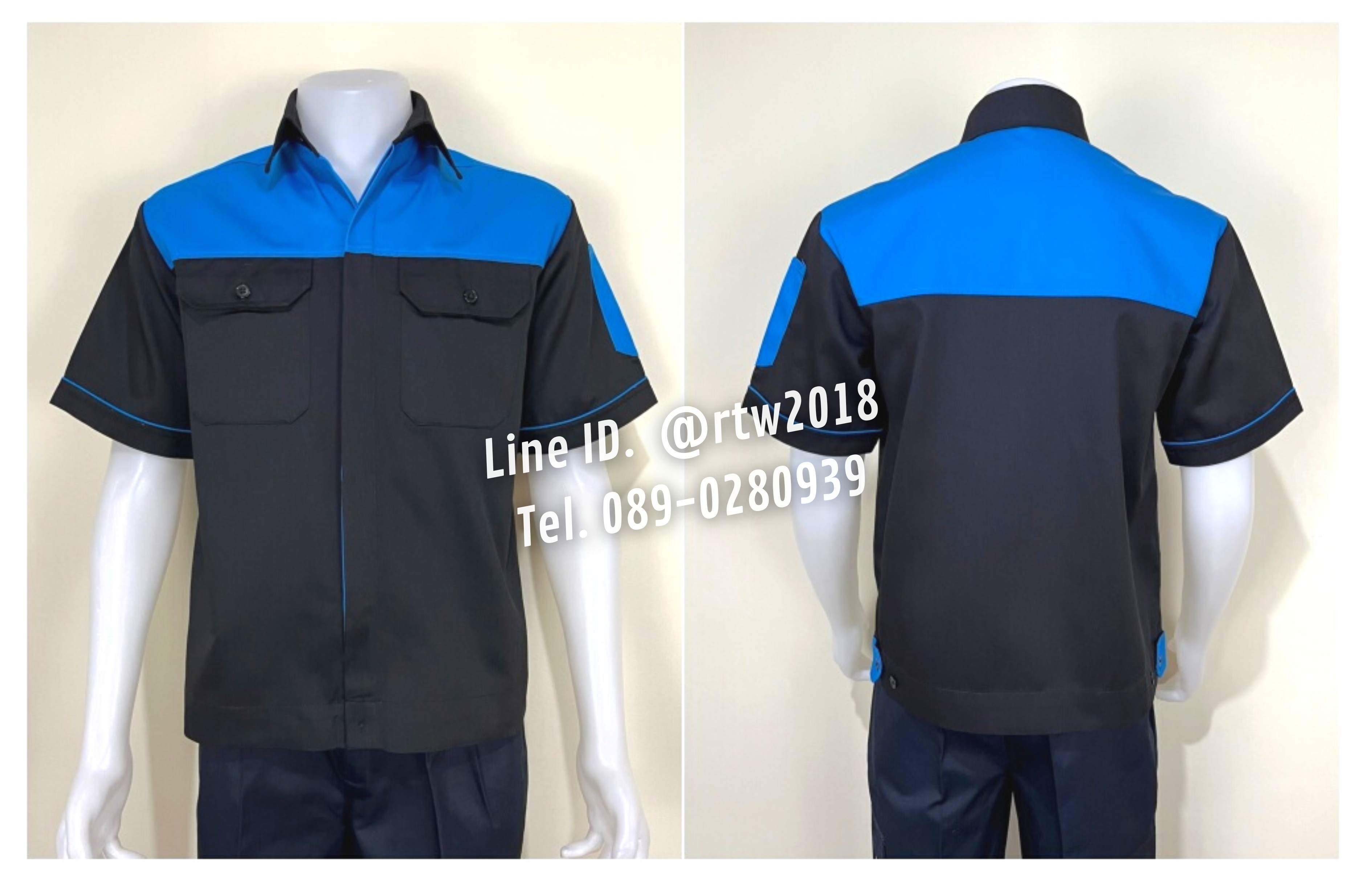 รหัส A10.2 : เสื้อช่างแขนสั้นผ้าคอมทวิวดำอกฟ้าเข้ม (ซ่อนสาบ)