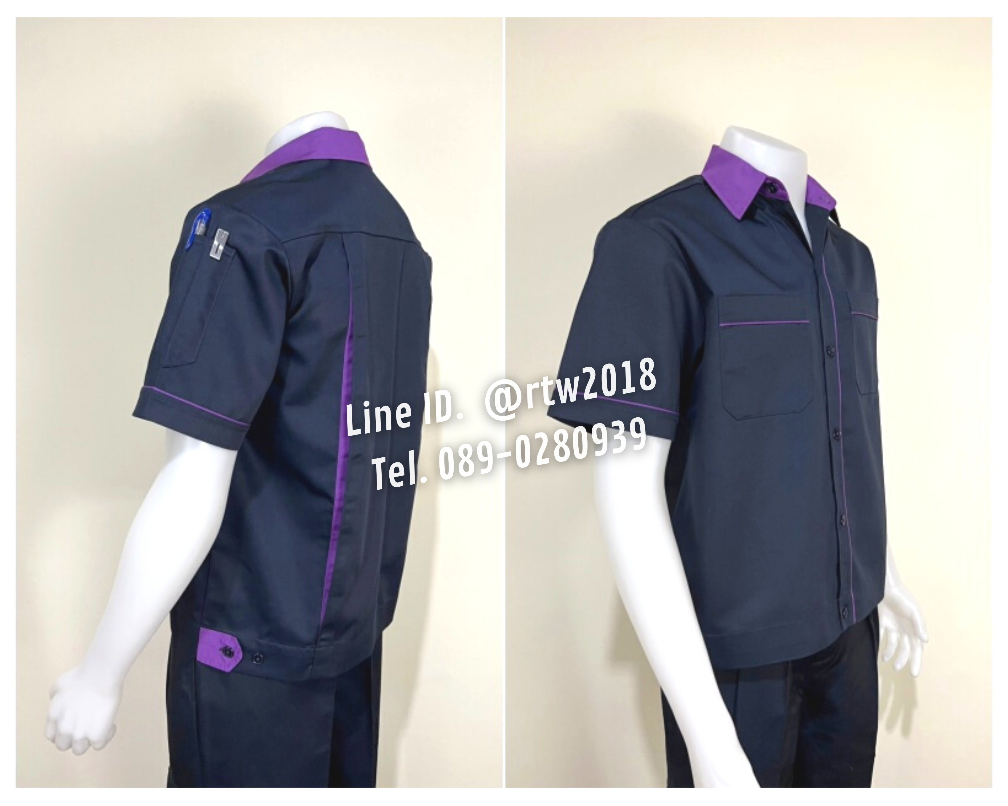 รหัส A6.1 : เสื้อช่างแขนสั้นผ้าคอมทวิวสีกรมท่ากุ้นม่วง