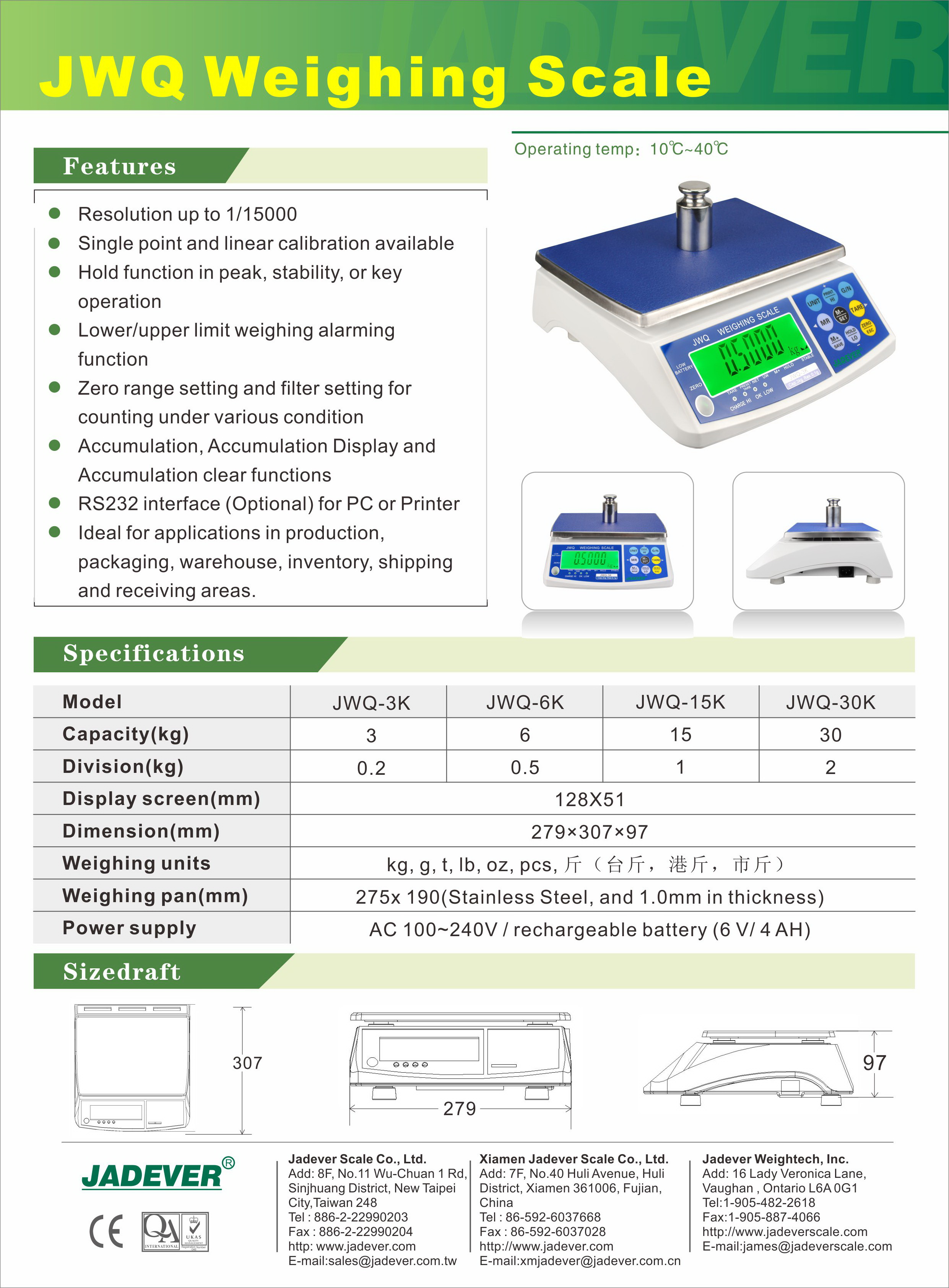 JADEVER เครื่องชั่งดิจิตอลเครื่องชั่งตั้งโต๊ะเครื่องชั่งJWQ 3Kg JWQ