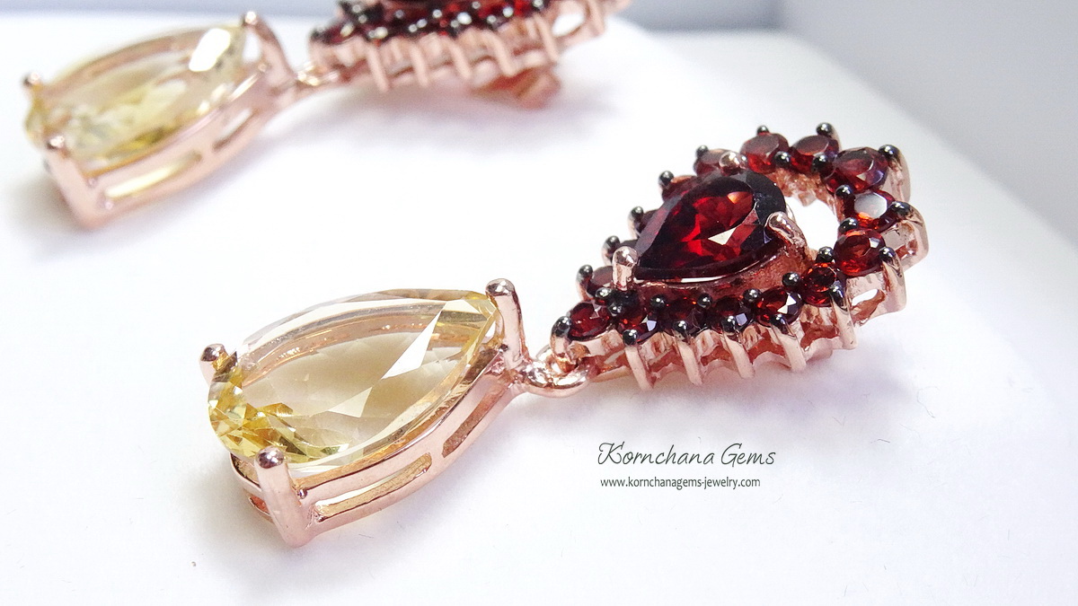 ต่างหูการ์เนทหรือโกเมนสีแดงน้ำตาลเข้มสวยจับคู่พลอยซิทรินทรงลูกแพรสีเหลืองสด ไฟดี ต่างหูห้อยยาว สวยสง่า เลอค่าสไตล์เจ้าหญิง ตัวเรือนเงินแท้
