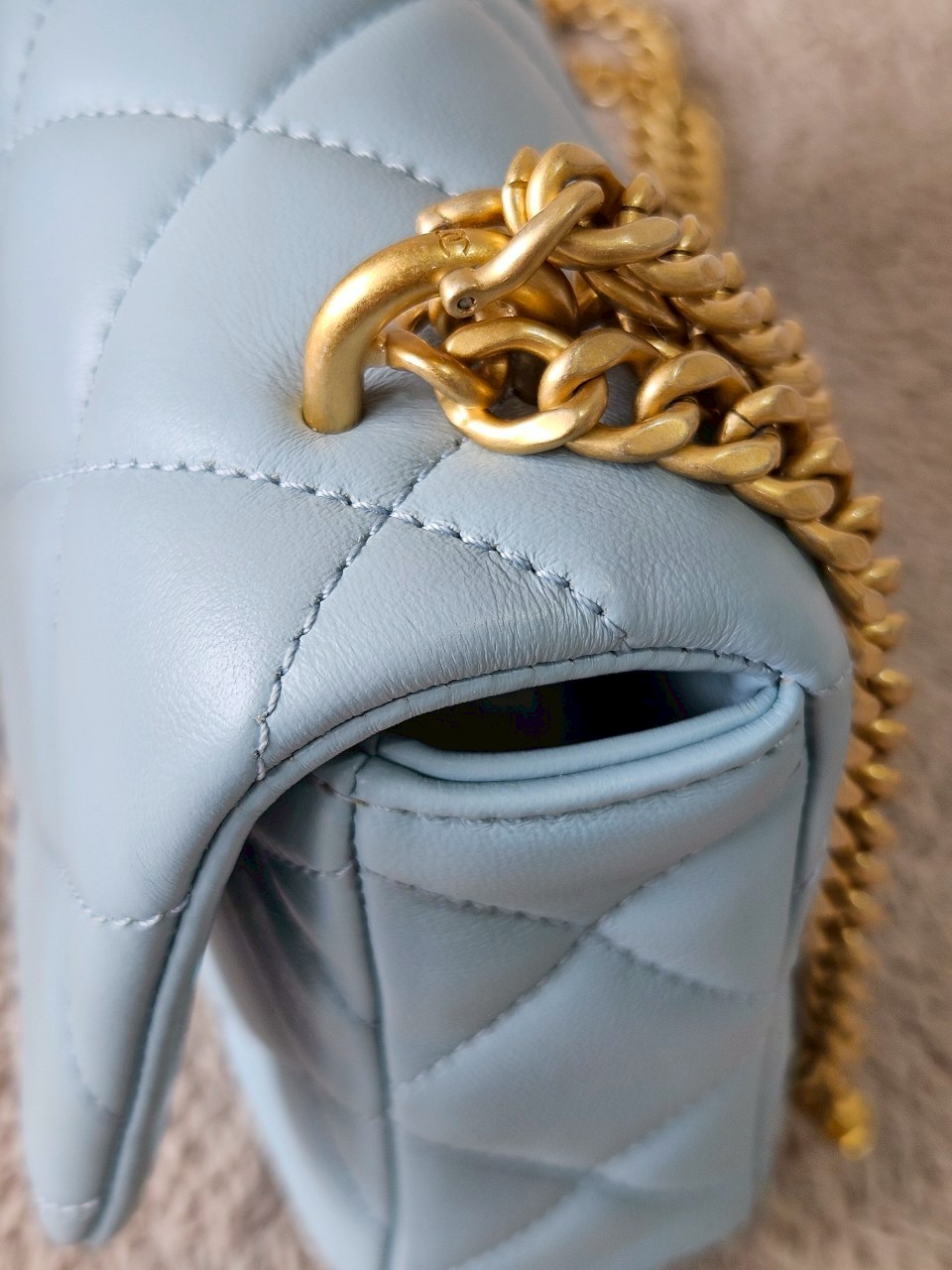 Chanel 22P Seasonal Mini Square Flap Bag Lambskin Light Blue And Enamel With Gold Hardware Metalplate