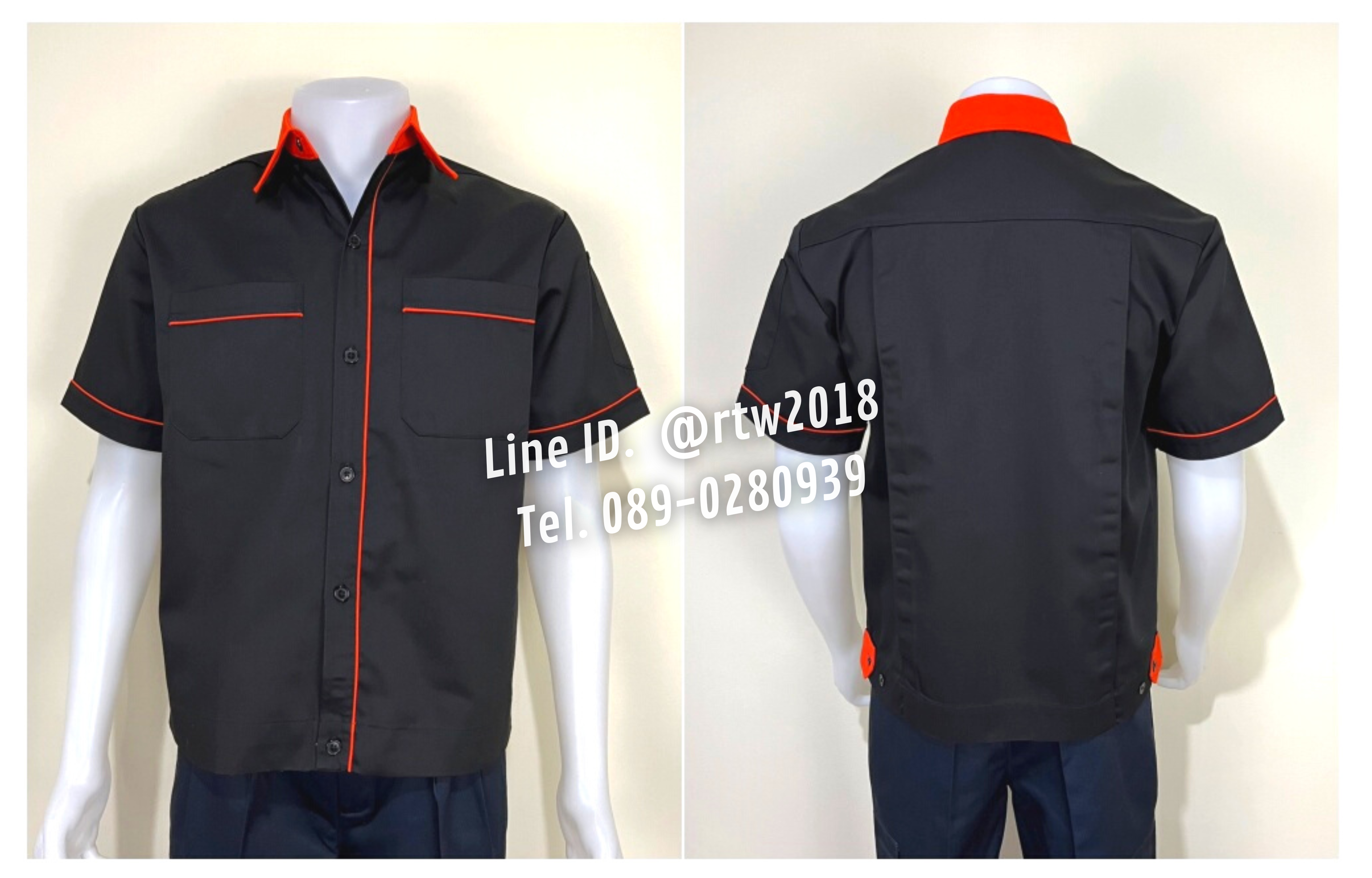 รหัส A7.8 : เสื้อช่างแขนสั้นผ้าคอมทวิวสีดำกุ้นส้ม