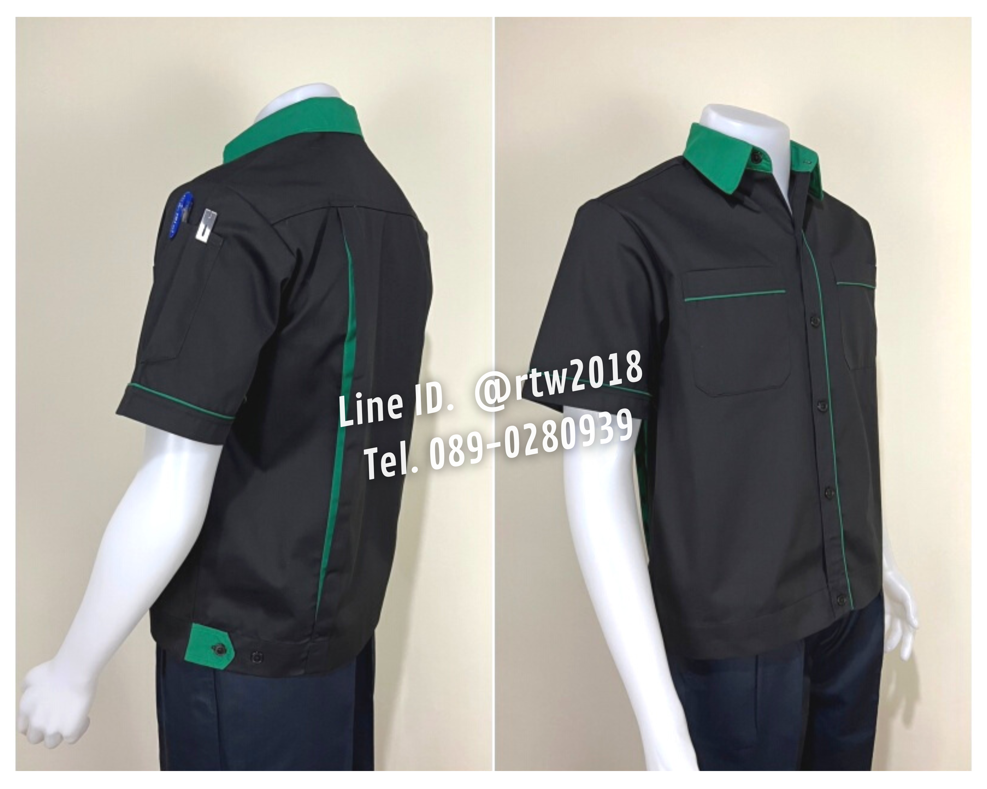 รหัส A7.4 : เสื้อช่างแขนสั้นผ้าคอมทวิวสีดำกุ้นเขียวเข้ม