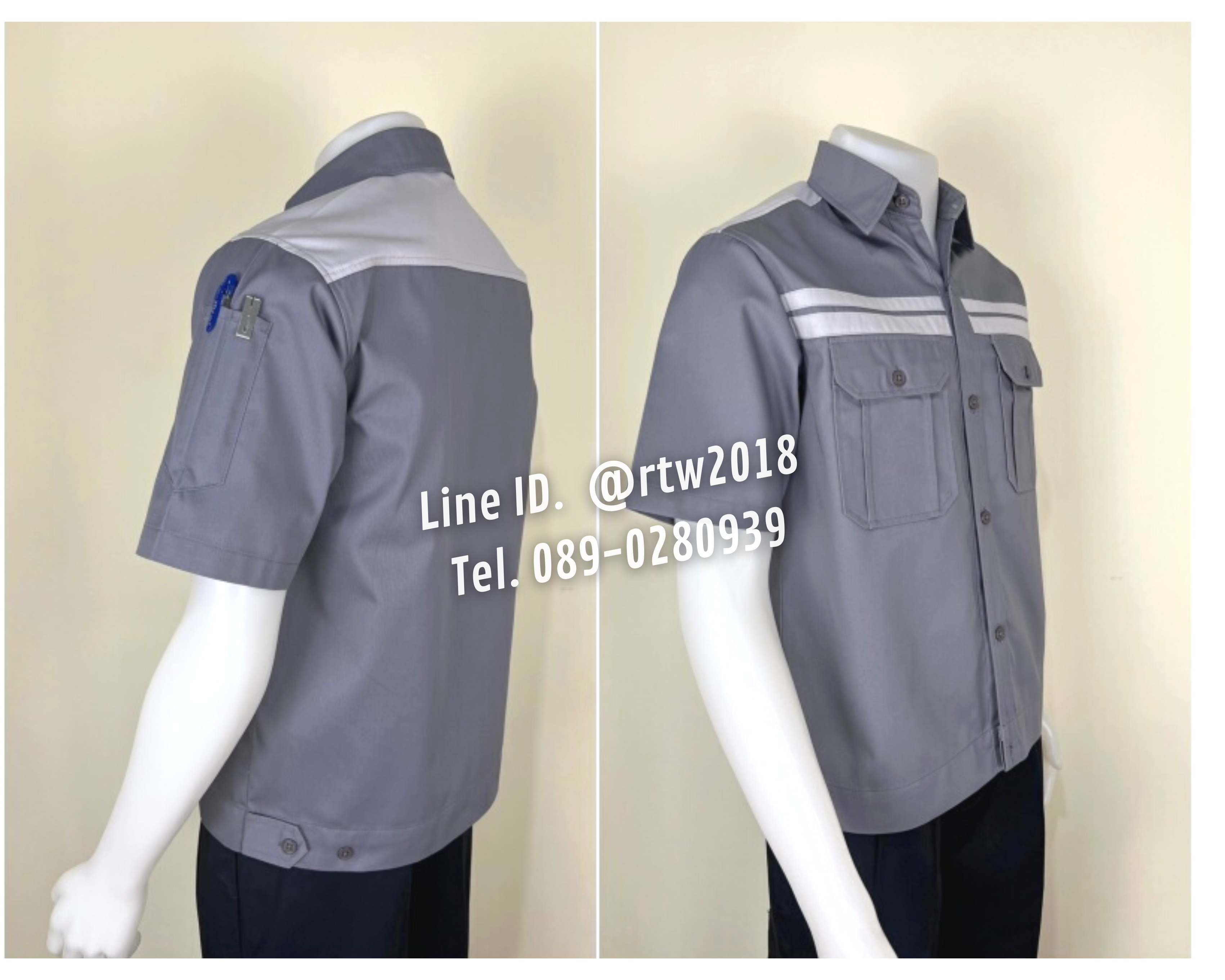 รหัส A19.4 : เสื้อช่างแขนสั้นผ้าคอมทวิวสีเทาคาดอกเทาอ่อนคู่