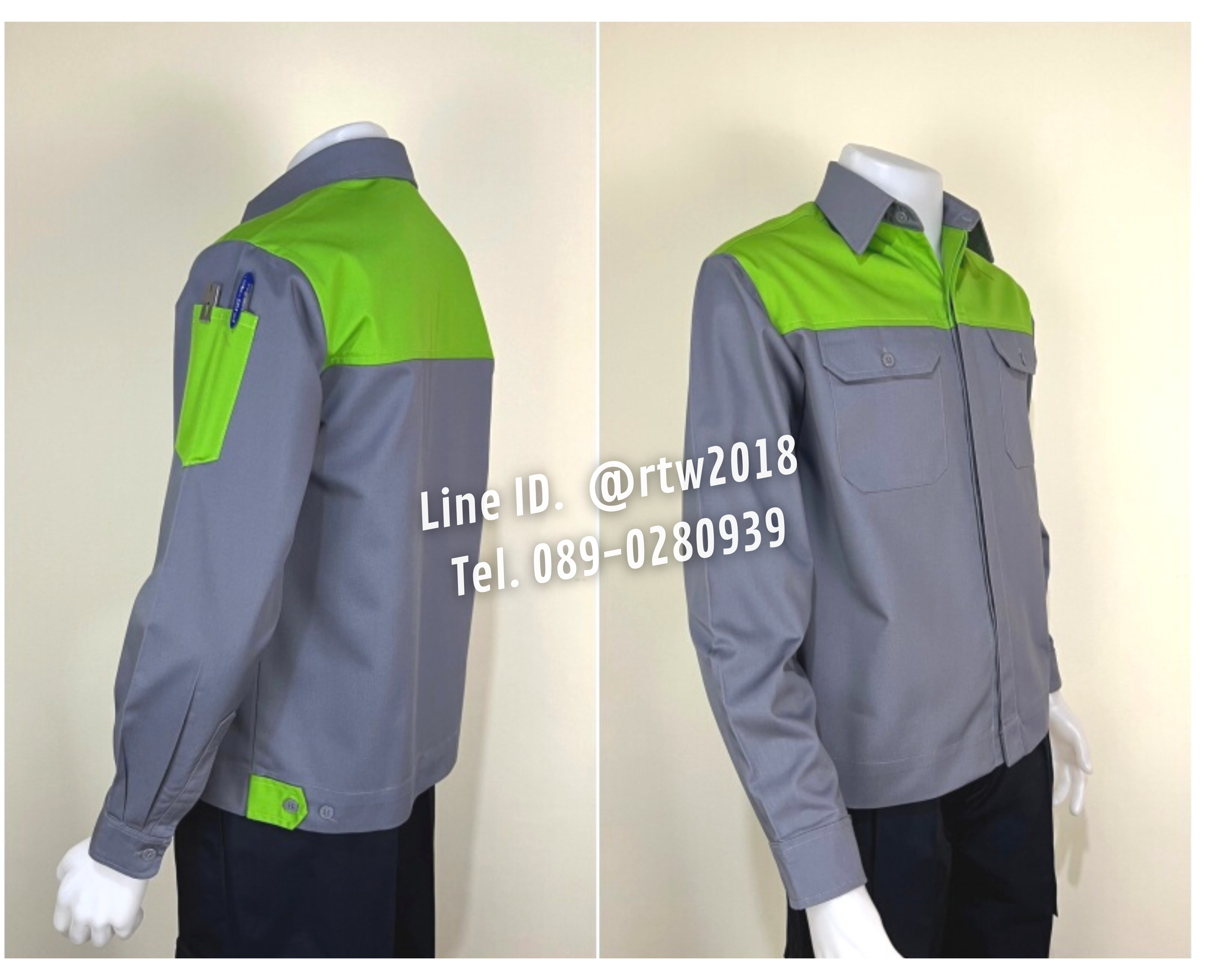 รหัส AB2.5 : เสื้อช่างแขนยาวผ้าคอมทวิวเทาอกเขียวอ่อน (ซ่อนสาบ)