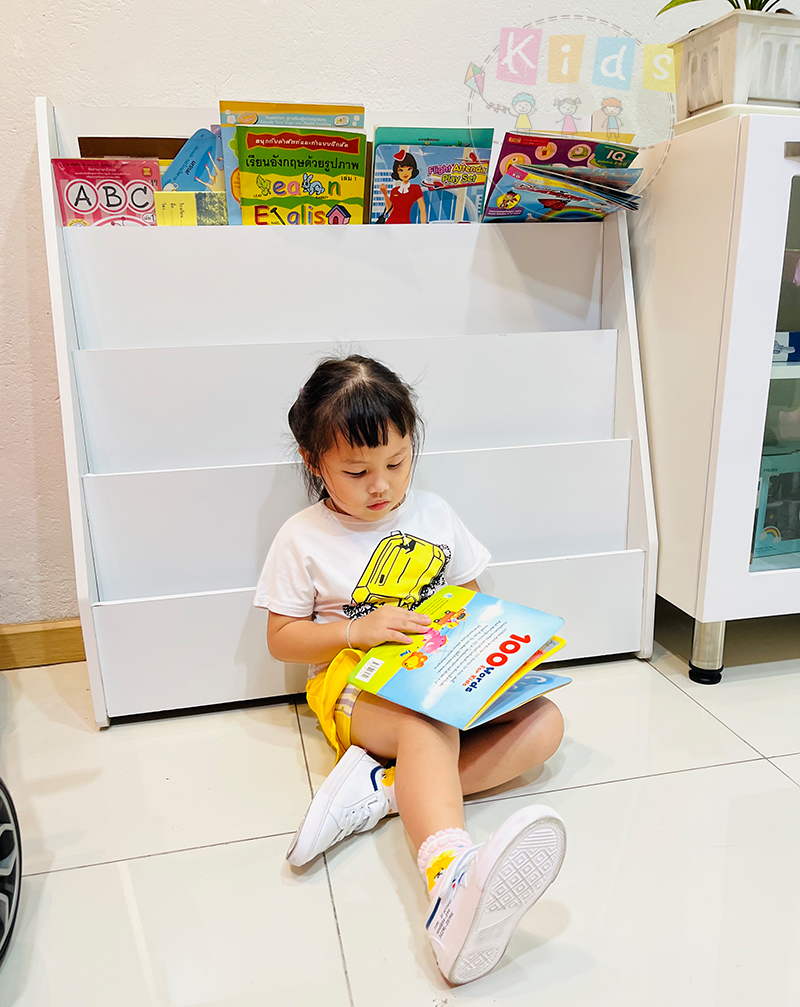 ชั้นวางหนังสือเด็ก ชั้นวางหนังสือโชว์ปก ชั้นวางหนังสือ ชั้นวางหนังสืออนุบาล ชั้นวางหนังสือเด็กอนุบาล สีขาว