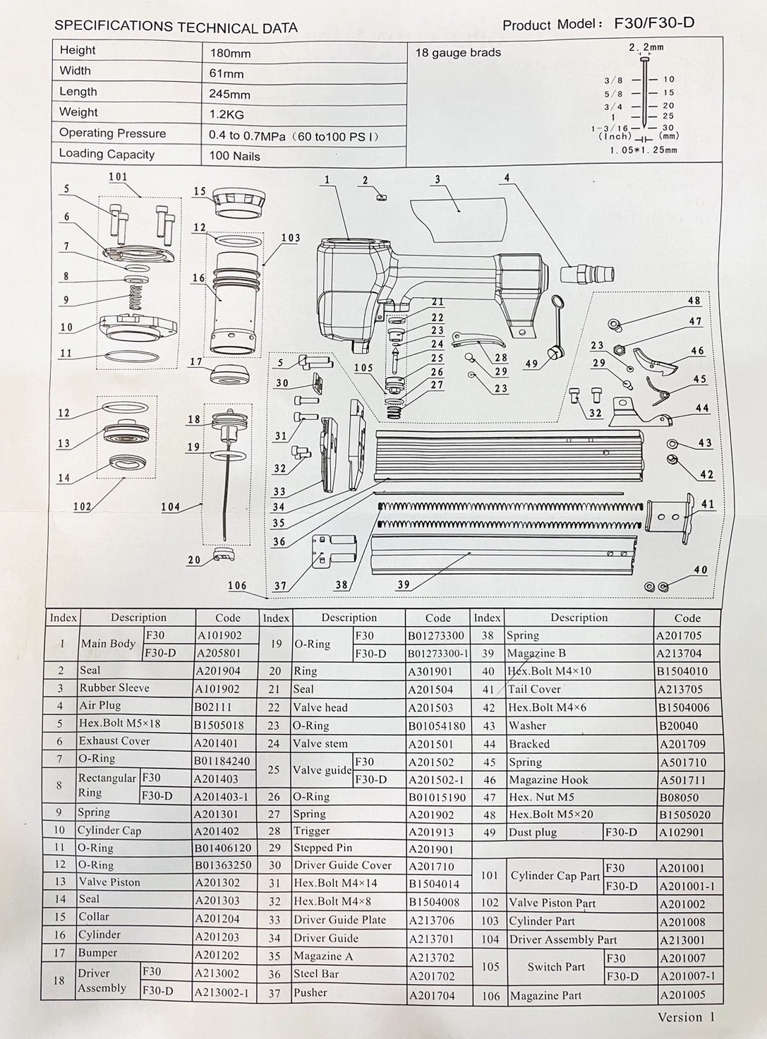 ปืนยิงตะปูลมขาเดี่ยว F-30 พัมคิน