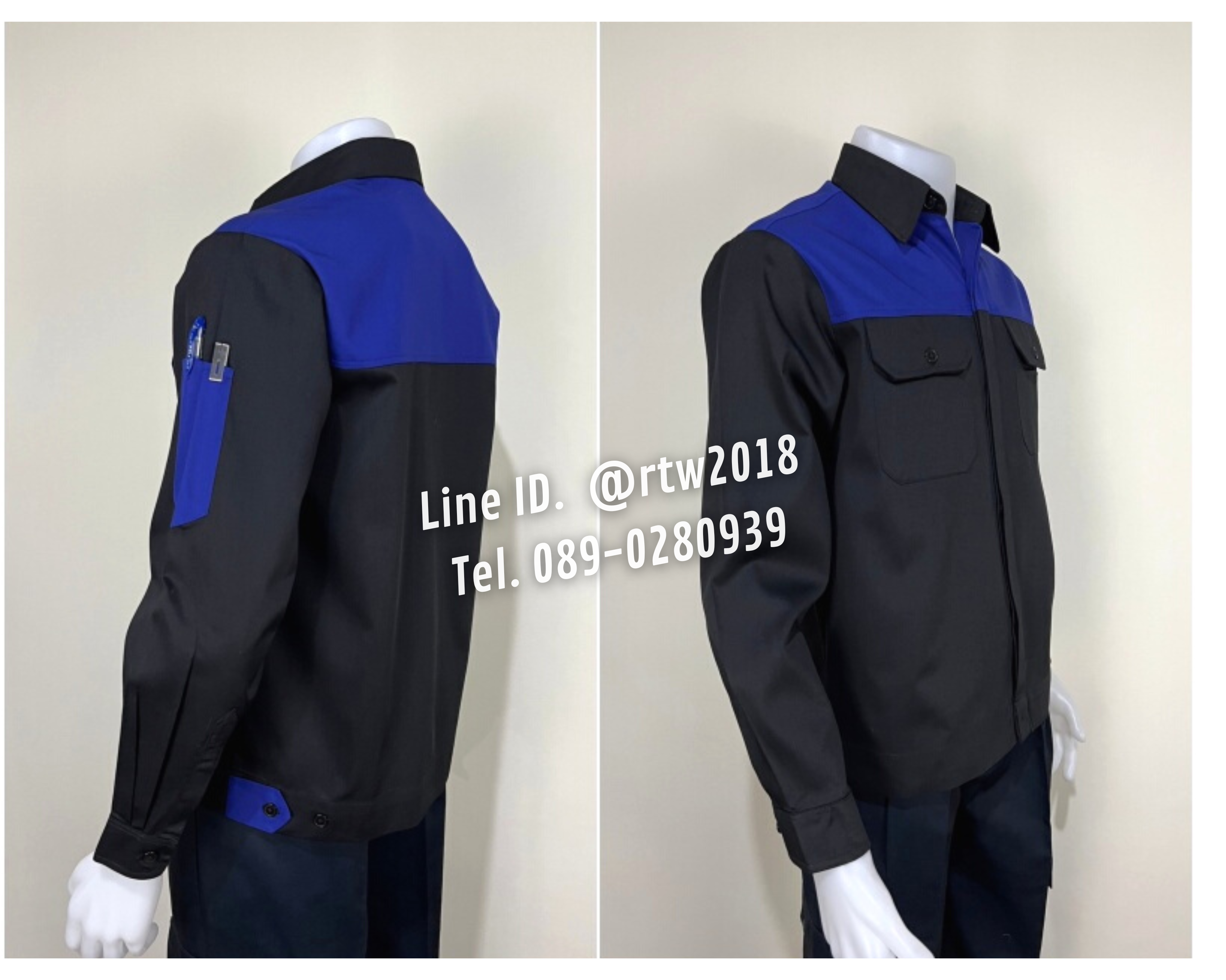 รหัส AB4.7 : เสื้อช่างแขนยาวผ้าคอมทวิวดำอกน้ำเงิน (ซ่อนสาบ)