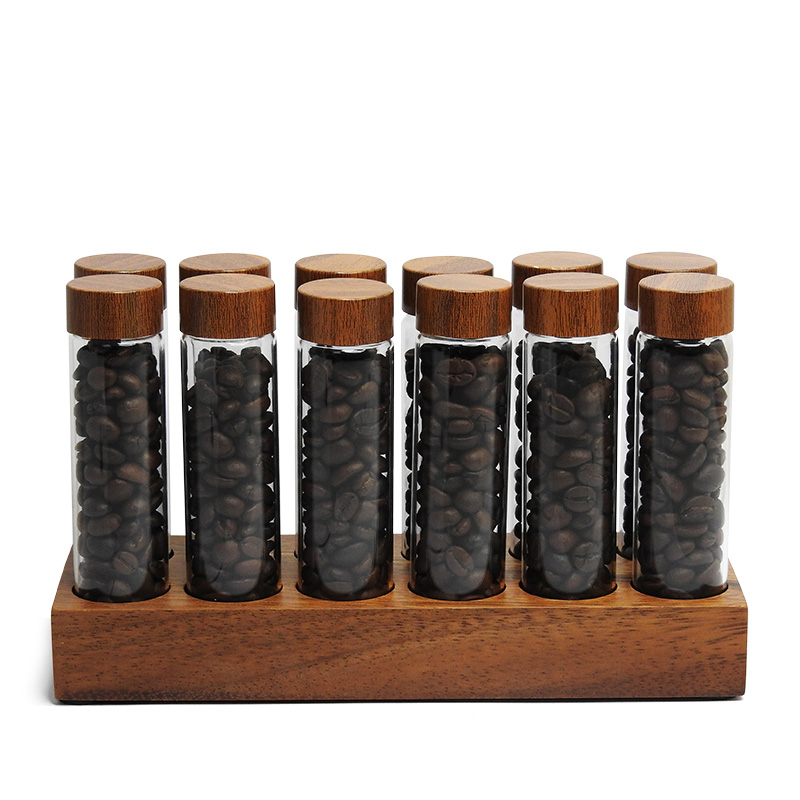 Glass coffee beans bottle 12 bottles + wooden base