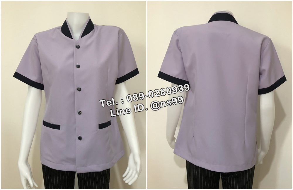 รหัส C12 : เสื้อแม่บ้านคอจีนแขนสั้นสีม่วงเทา/กรมท่า