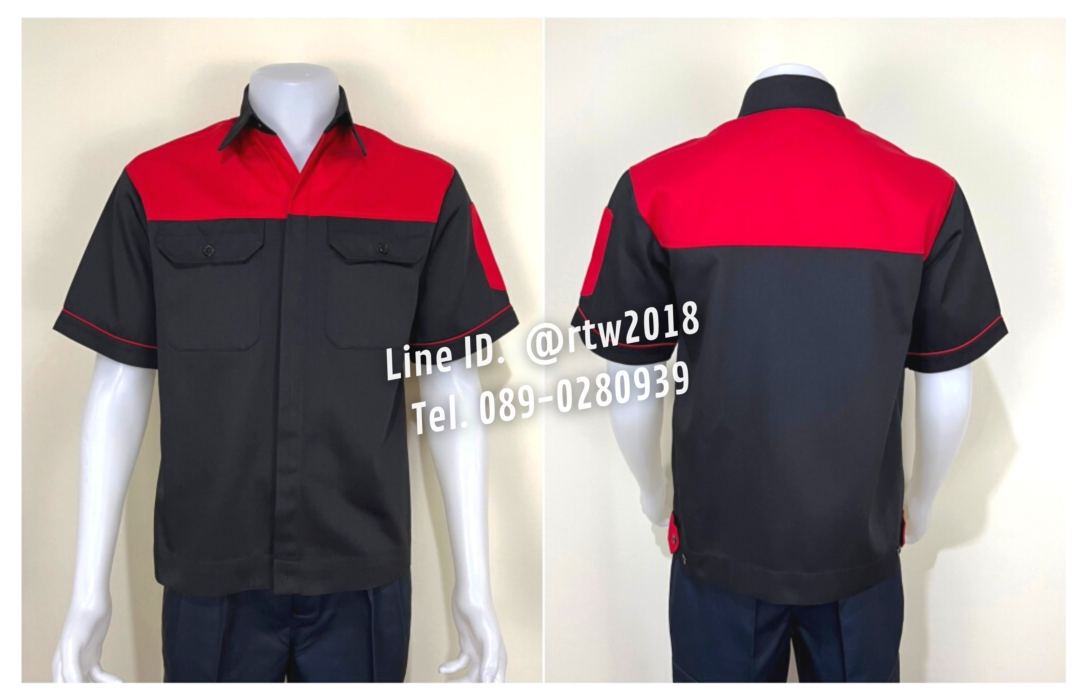 รหัส A10.7 : เสื้อช่างแขนสั้นผ้าคอมทวิวดำอกแดง (ซ่อนสาบ)