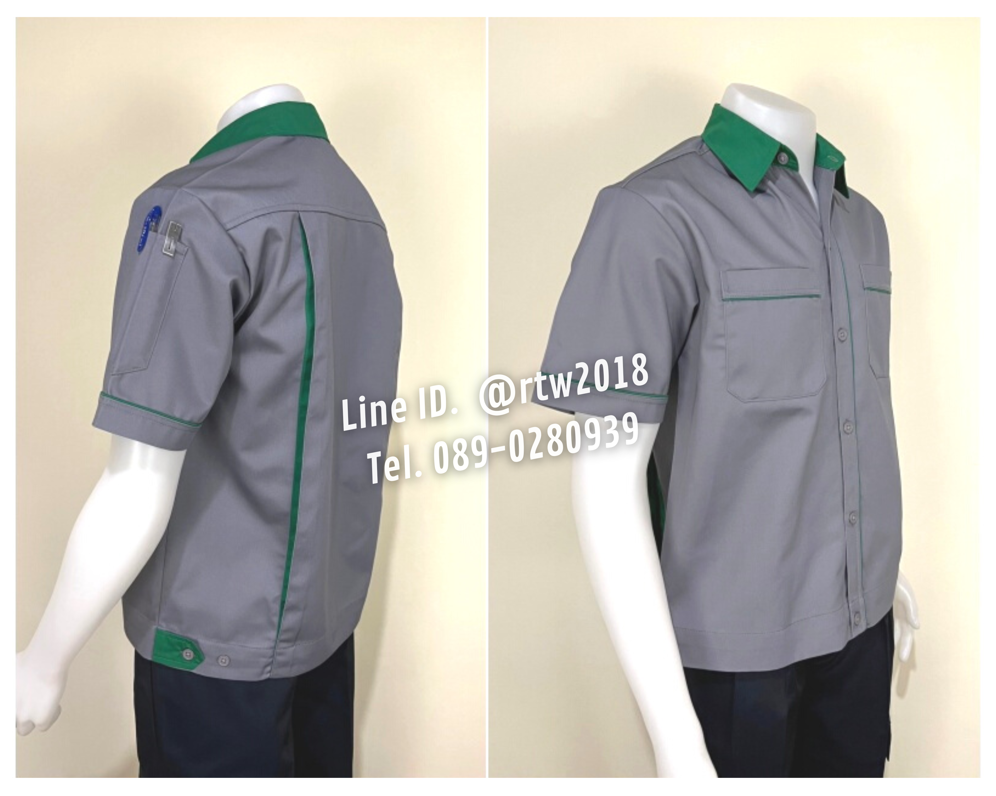 รหัส A5.6 : เสื้อช่างแขนสั้นผ้าคอมทวิวสีเทากุ้นเขียวเข้ม