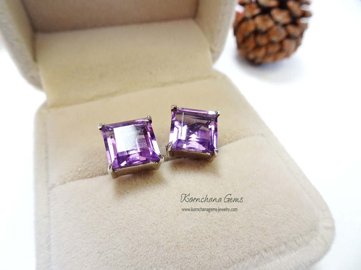 Square Amethyst Set เซ็ทแหวน,สร้อยคอพร้อมจี้ และต่างหูอเมทิสต์ทรงสี่เหลี่ยม ตัวเรือนเงินแท้ silver925