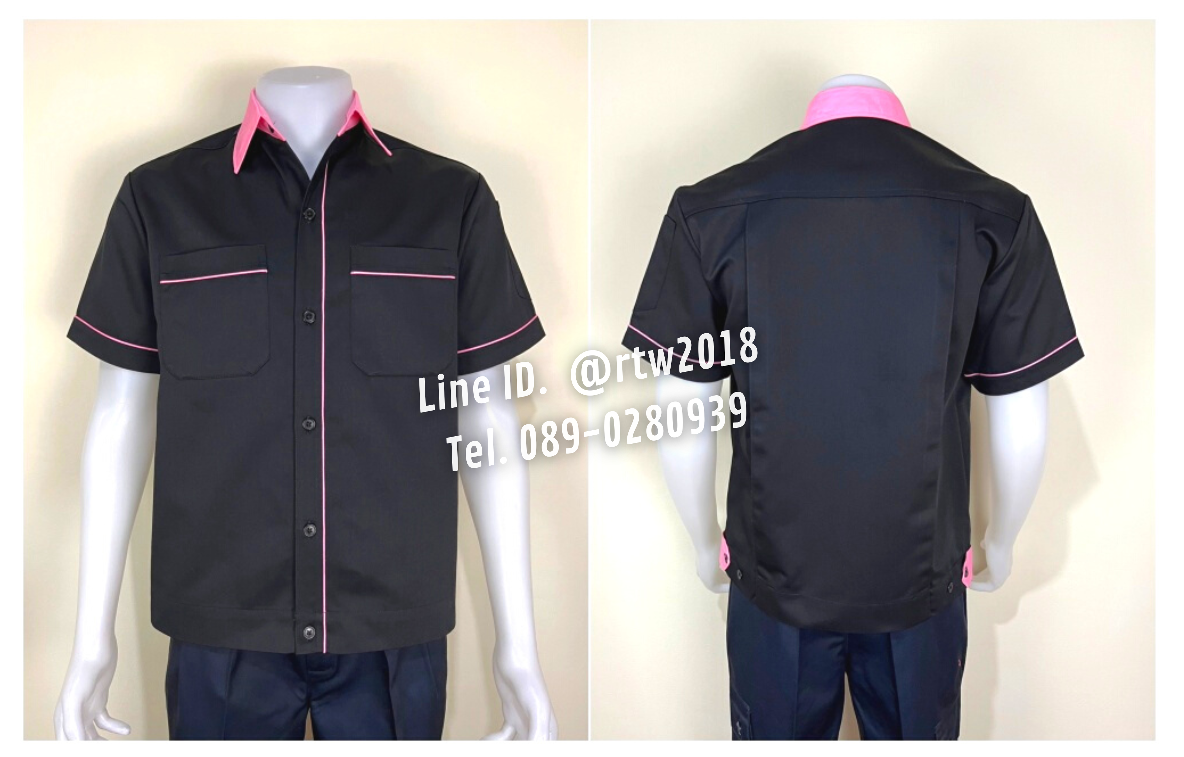 รหัส A7.12 : เสื้อช่างแขนสั้นผ้าคอมทวิวสีดำกุ้นชมพูอ่อน