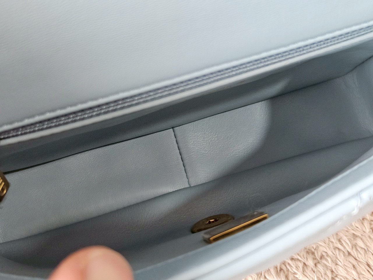 Chanel 22P Seasonal Mini Square Flap Bag Lambskin Light Blue And Enamel With Gold Hardware Metalplate