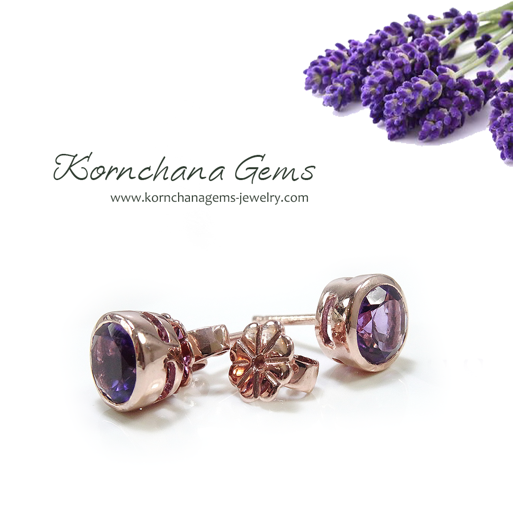 Amethyst Studs Earrings ต่างหูติดหูพลอยอเมทิสท์สีม่วงเข้มสวย อเมทิสท์เป็นพลอยประจำวันเกิดของคนเกิดเดือนกุมภาพันธ์
