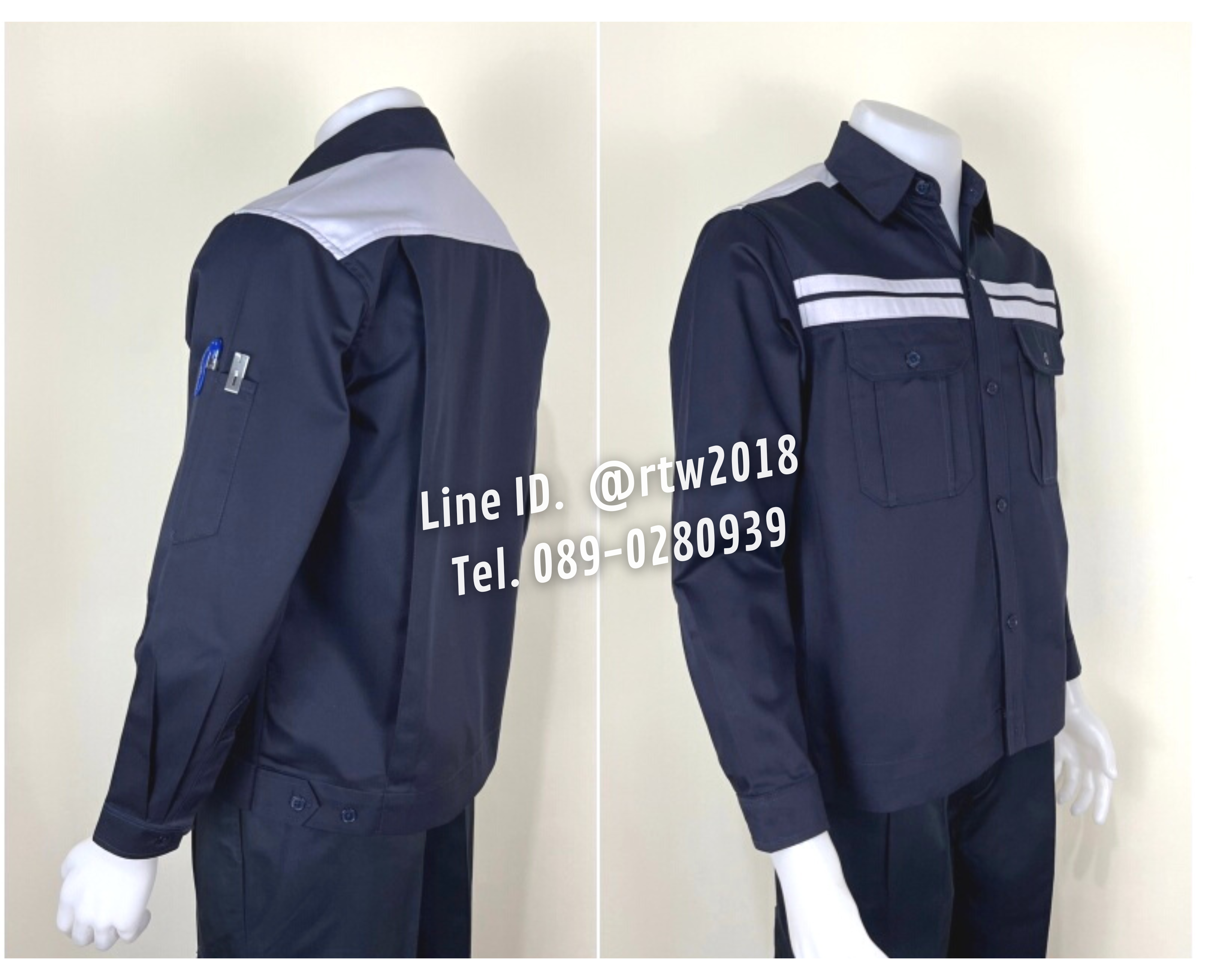 รหัส AB8.3 : เสื้อช่างแขนยาวผ้าคอมทวิวสีกรมท่าคาดอกขาวคู่