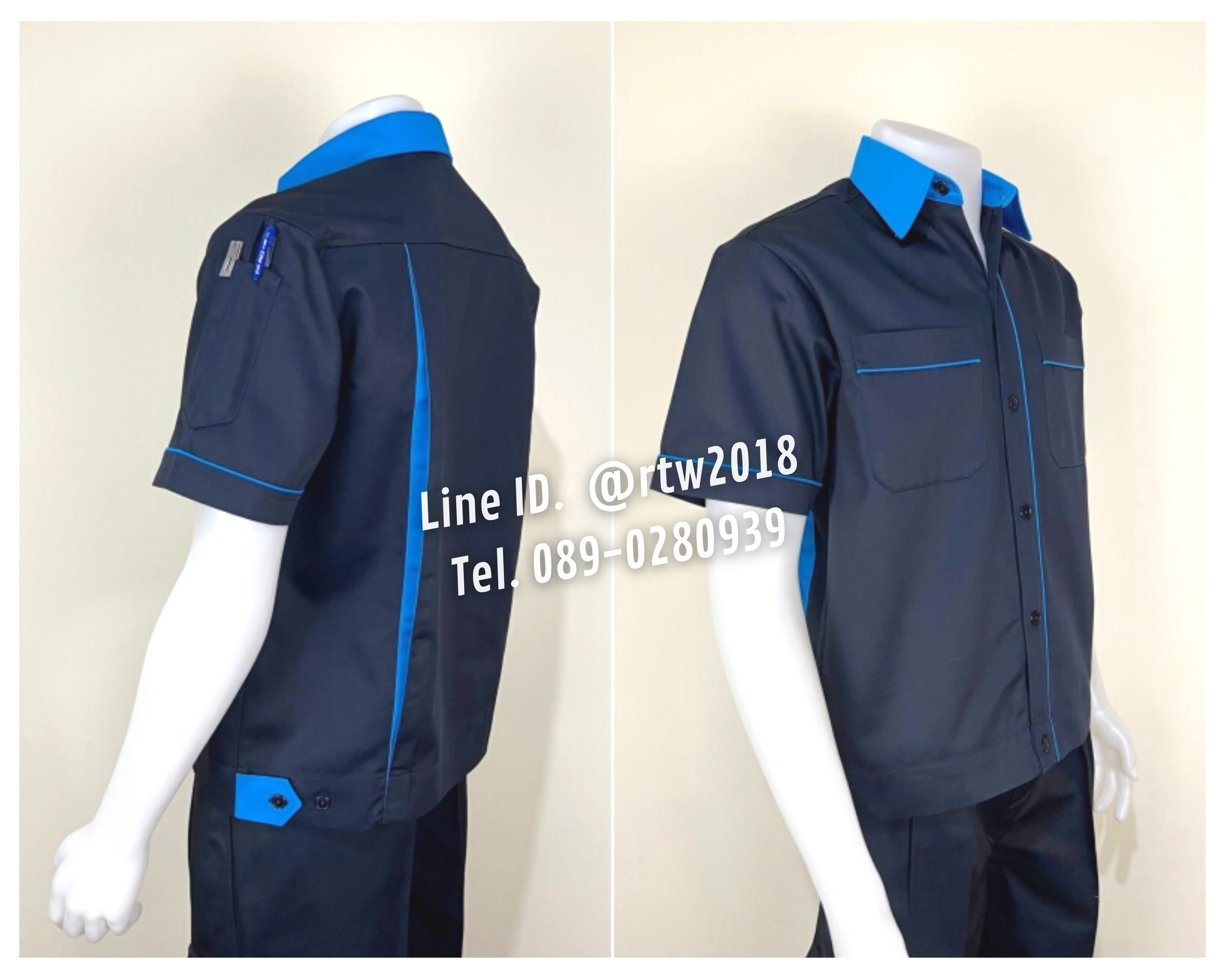 รหัส A6.3 : เสื้อช่างแขนสั้นผ้าคอมทวิวสีกรมท่ากุ้นฟ้าเข้ม