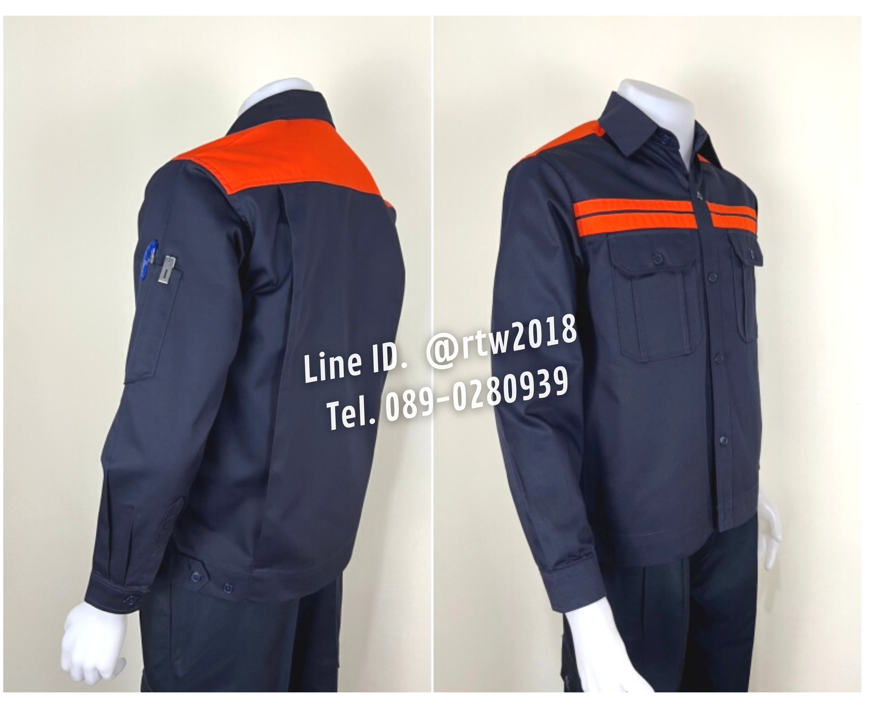 รหัส AB8.2 : เสื้อช่างแขนยาวผ้าคอมทวิวสีกรมท่าคาดอกส้มคู่