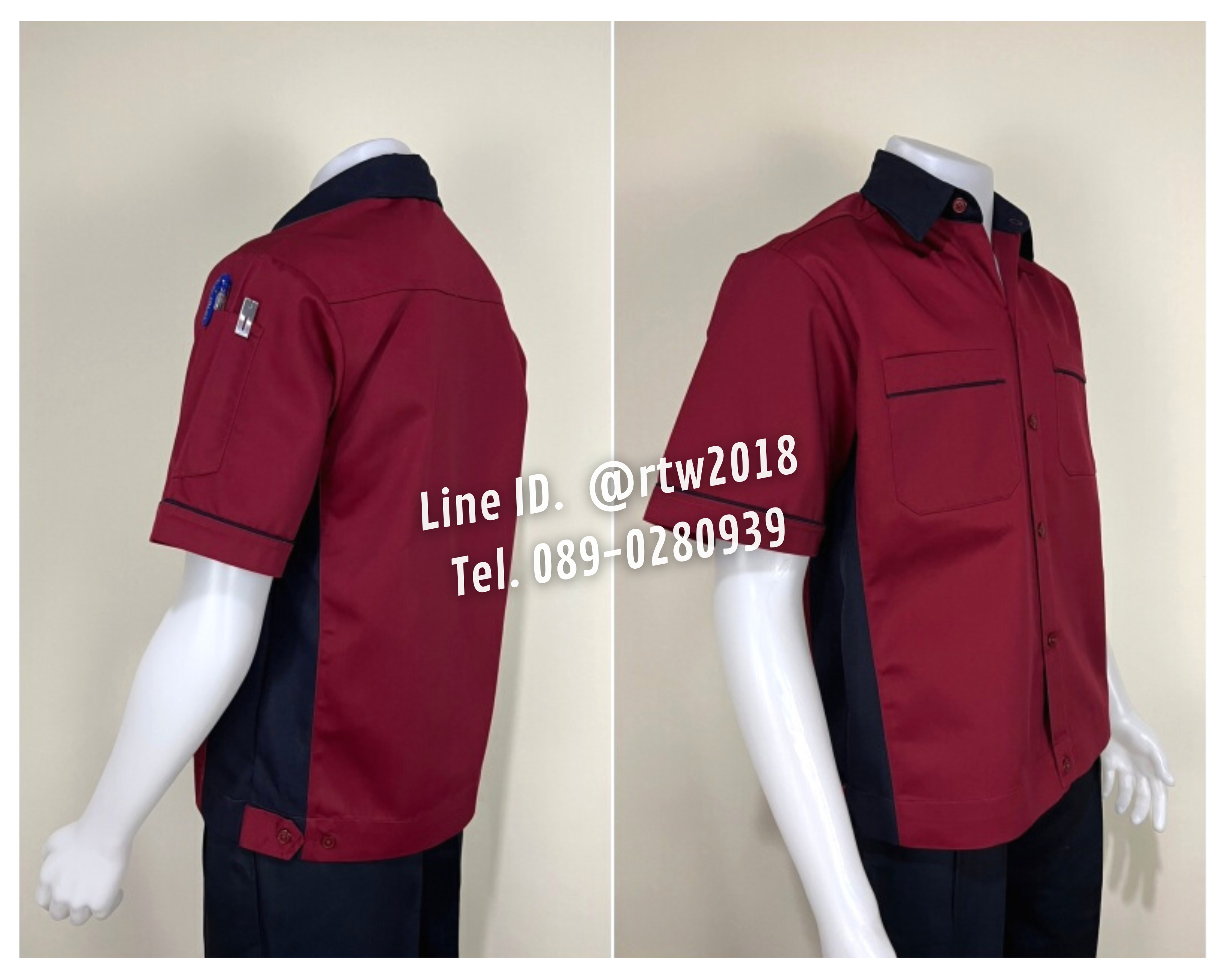 รหัส A14.5 : เสื้อช่างแขนสั้นผ้าคอมทวิวสีเลือดหมูข้างกรมท่า