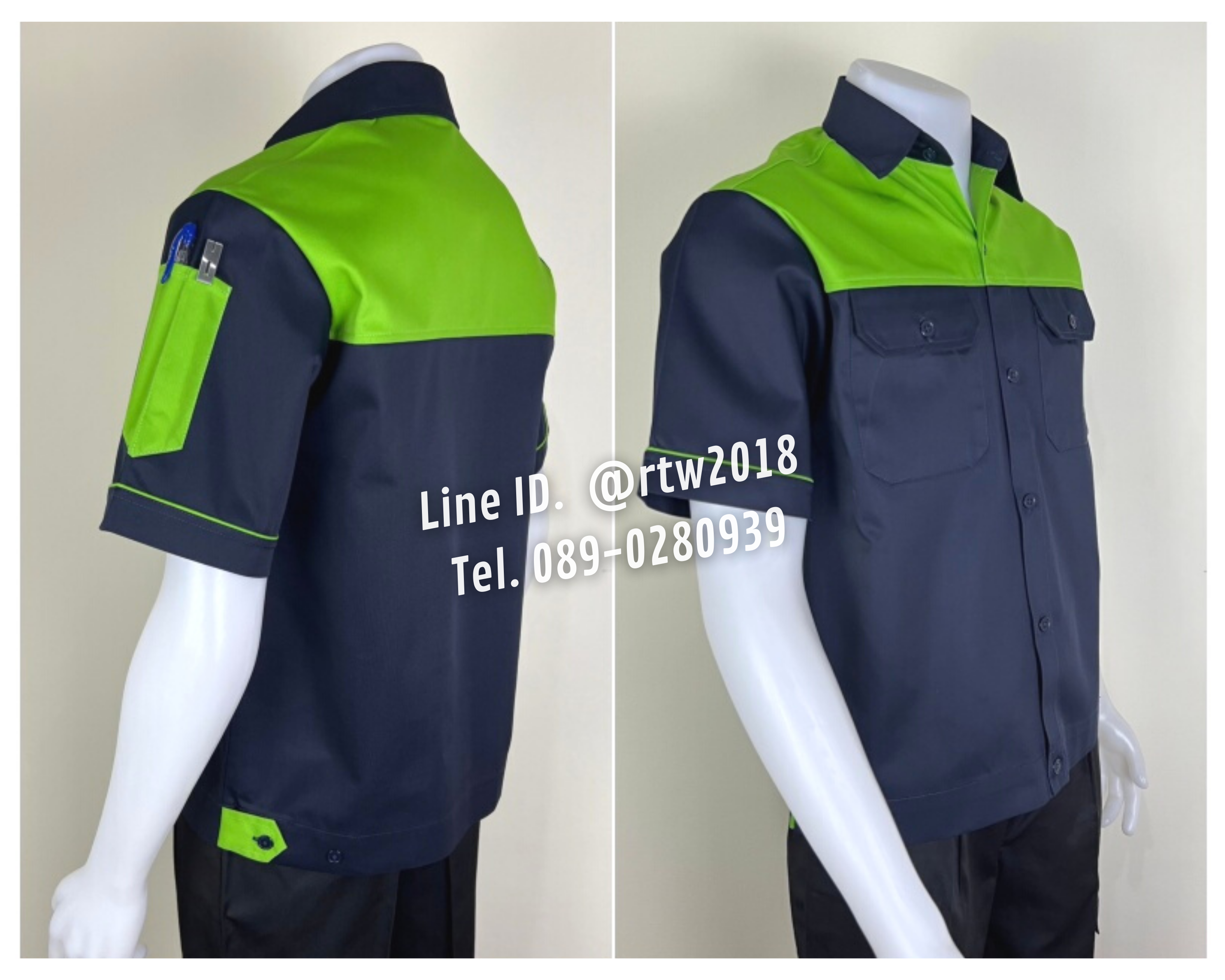 รหัส A23.3 : เสื้อช่างแขนสั้นผ้าคอมทวิวกรมท่าอกเขียวอ่อน