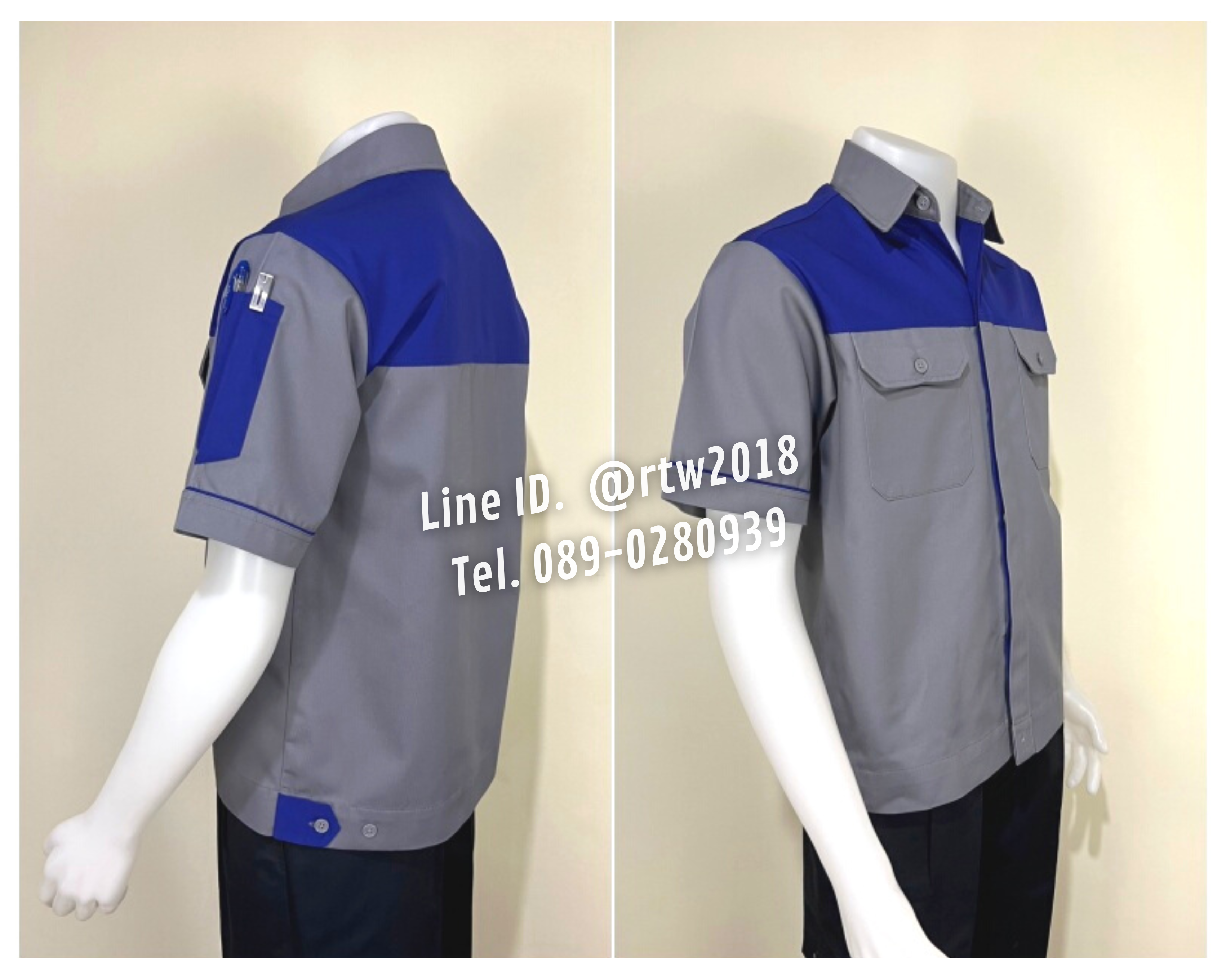 รหัส A8.2 : เสื้อช่างแขนสั้นผ้าคอมทวิวเทาอกน้ำเงิน (ซ่อนสาบ)