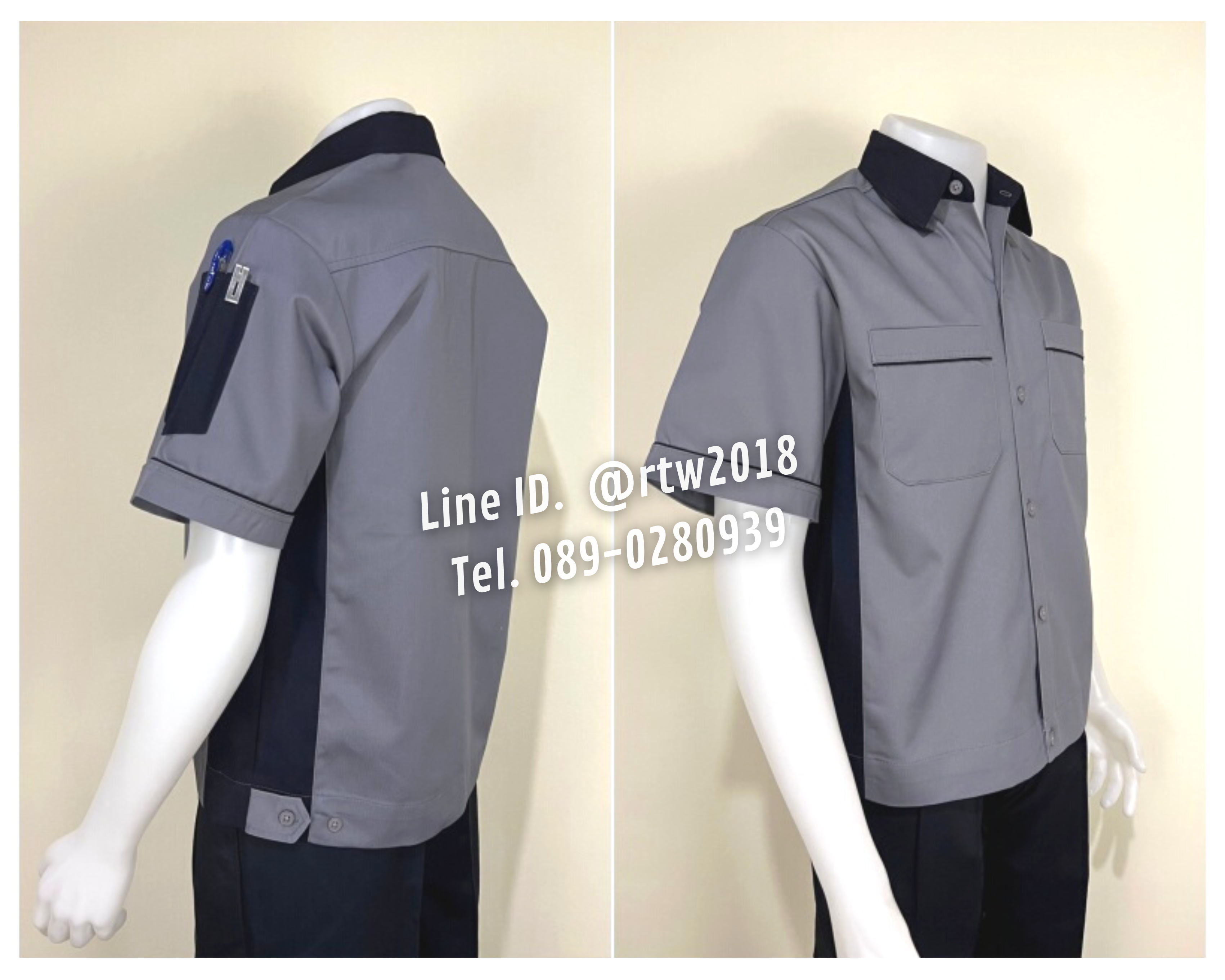 รหัส A11.5 : เสื้อช่างแขนสั้นผ้าคอมทวิวสีเทาข้างกรมท่า