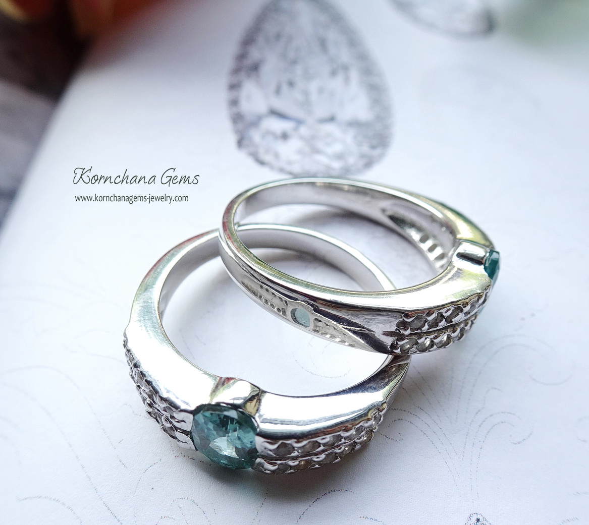 แหวนพลอยกรีนทัวร์มาลีน พลอยสีเขียวอมฟ้านิดๆ เฉดเดียวกับสีพาไรบ้า(สีที่ราคาสูงที่สุด) ให้เฉดสีออกไปทางสีเขียวอ่อนใสอมฟ้านิดๆค่ะ สีสวย และหายากมากๆค่ะ