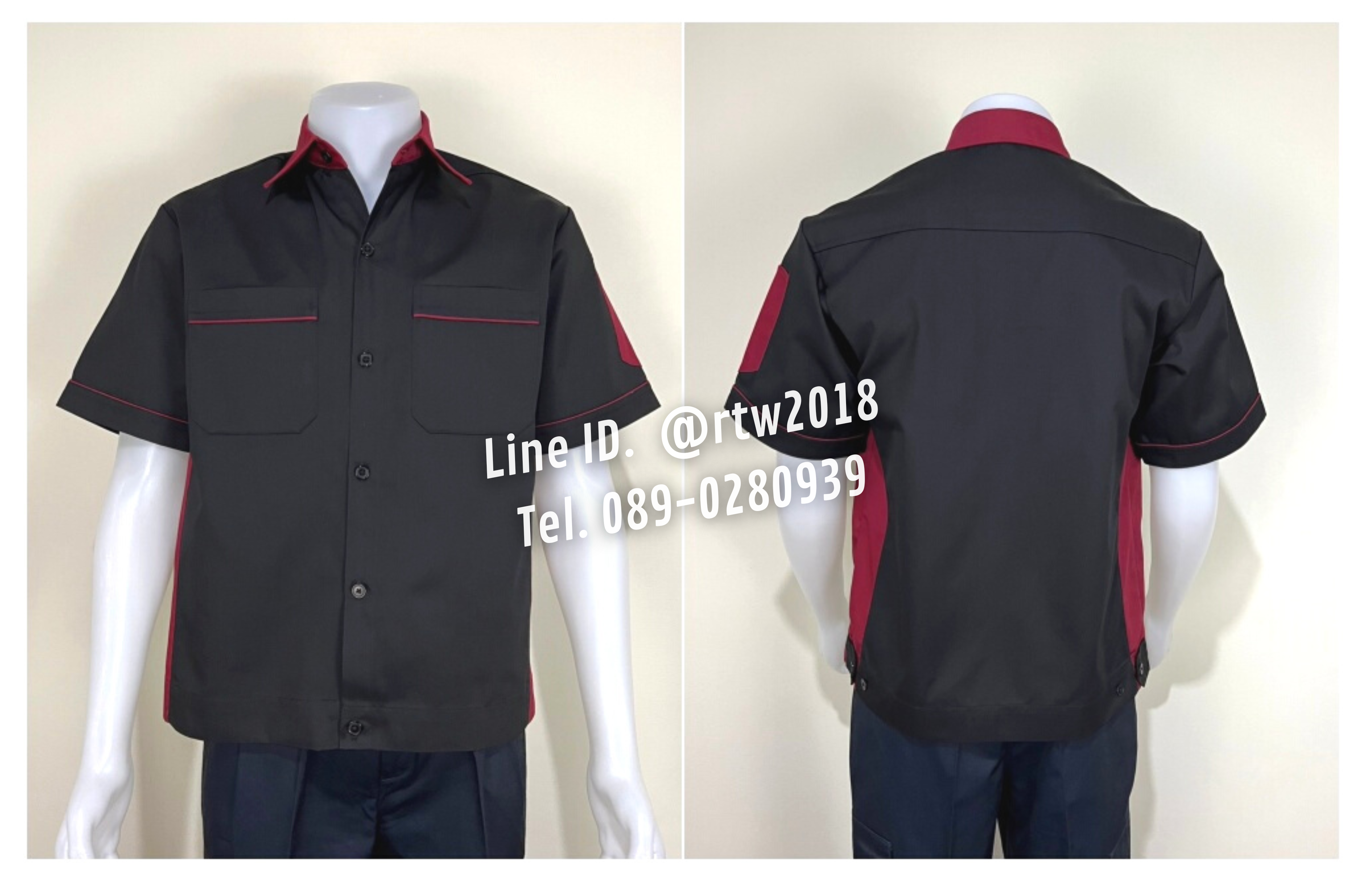 รหัส A13.10 : เสื้อช่างแขนสั้นผ้าคอมทวิวสีดำข้างเลือดหมู
