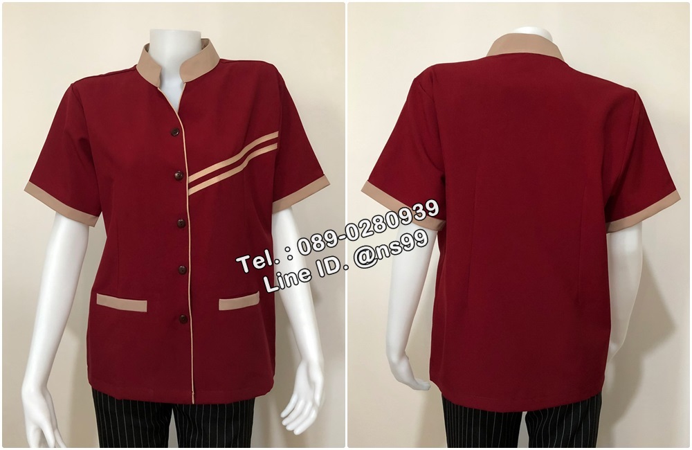 รหัส C11 : เสื้อแม่บ้านคอจีนแขนสั้นสีเลือดหมู/น้ำตาลอ่อน