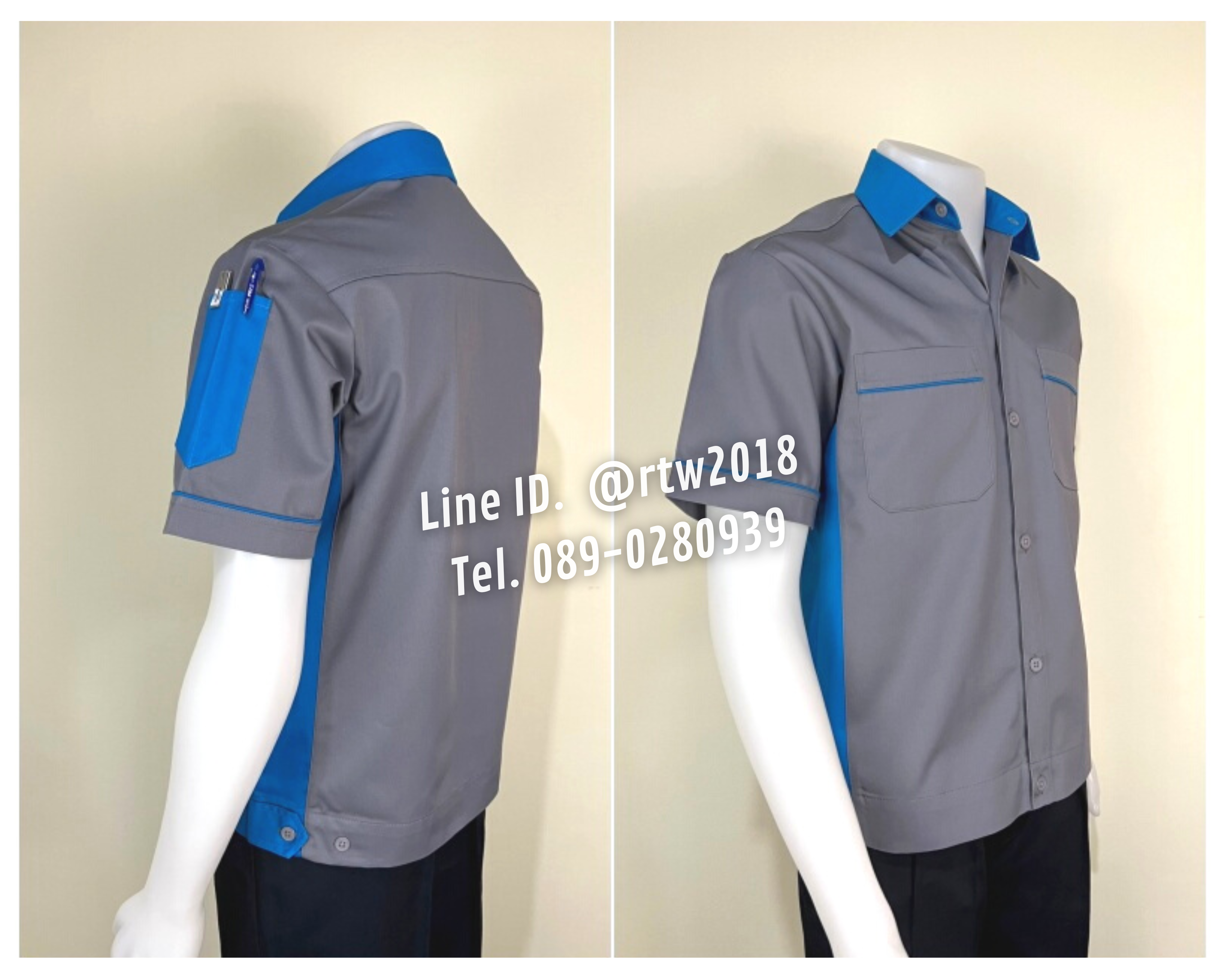 รหัส A11.3 : เสื้อช่างแขนสั้นผ้าคอมทวิวสีเทาข้างฟ้าเข้ม