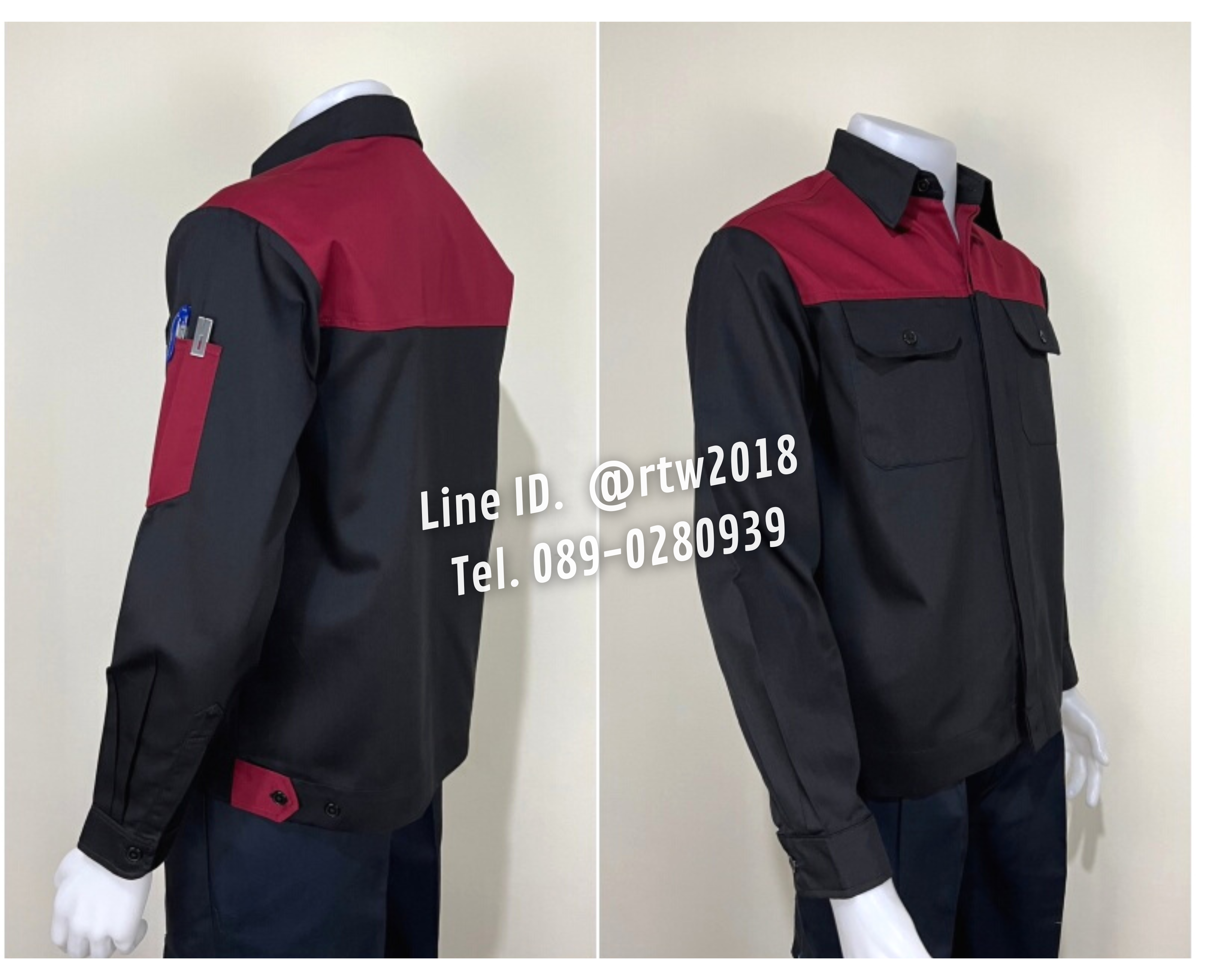 รหัส AB4.4 : เสื้อช่างแขนยาวผ้าคอมทวิวดำอกเลือดหมู (ซ่อนสาบ)