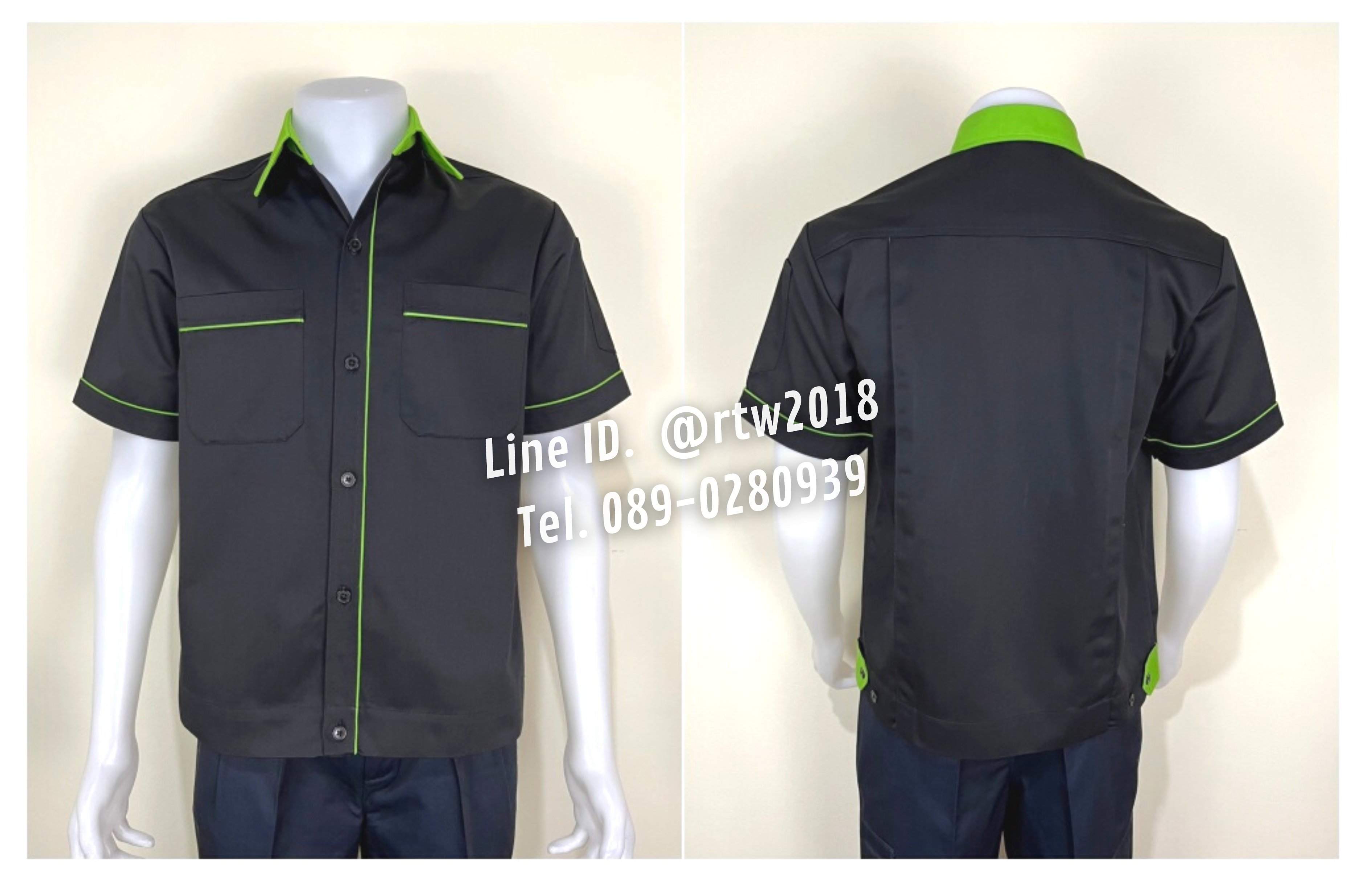 รหัส A7.5 : เสื้อช่างแขนสั้นผ้าคอมทวิวสีดำกุ้นเขียวอ่อน