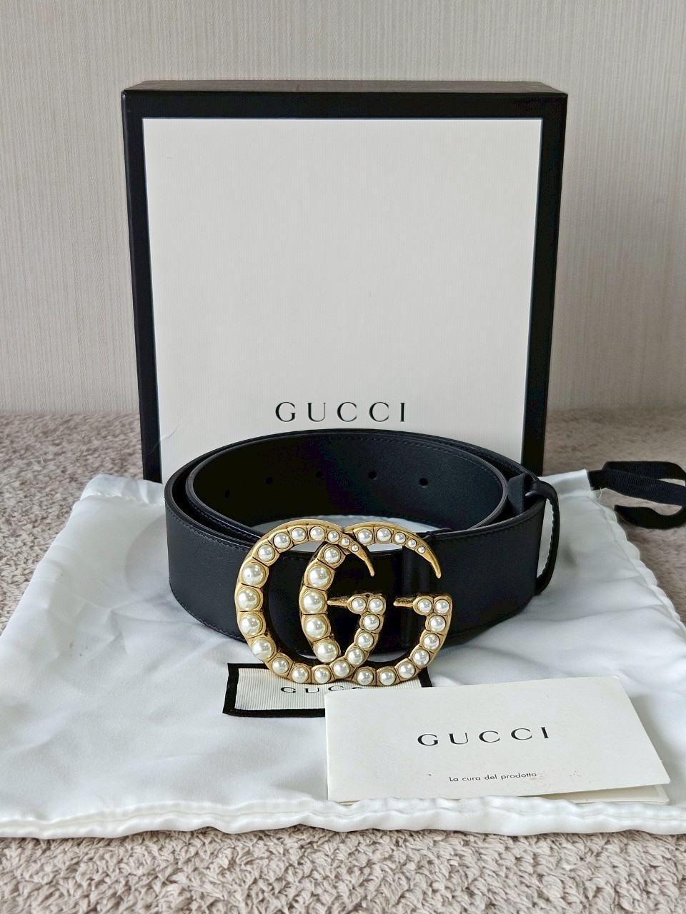 Gucci 453260 GG Marmont Wide Belt with Pearls Buckle